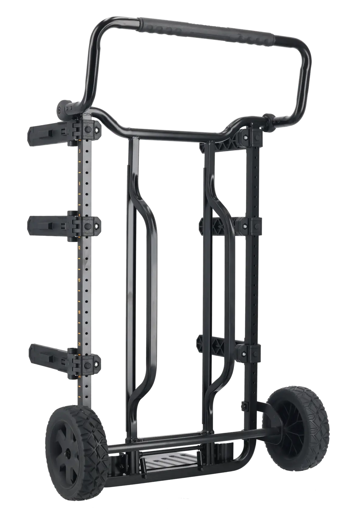 A black DEWALT folding hand truck with two large wheels and multiple adjustable brackets, designed for transporting heavy items.