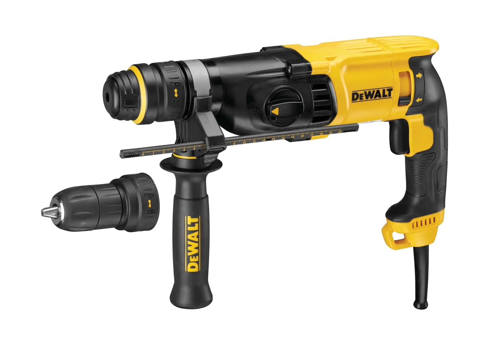 A DEWALT branded electric rotary hammer drill with a yellow and black design, featuring a side handle and a removable drill chuck attachment, shown against a white background.