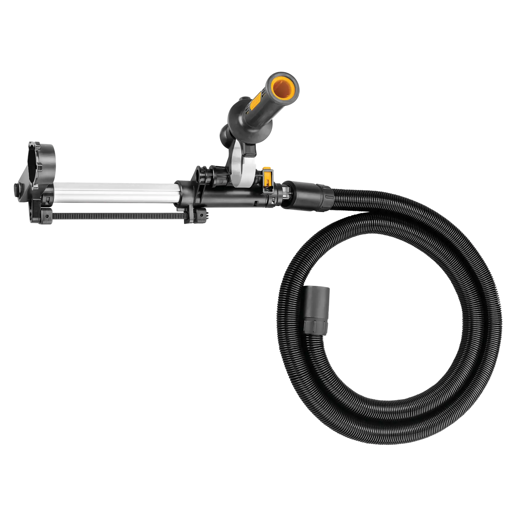 DEWALT D25301 dust extraction attachment for rotary hammer drills, with a long flexible hose and adjustable arm, shown against a white background.