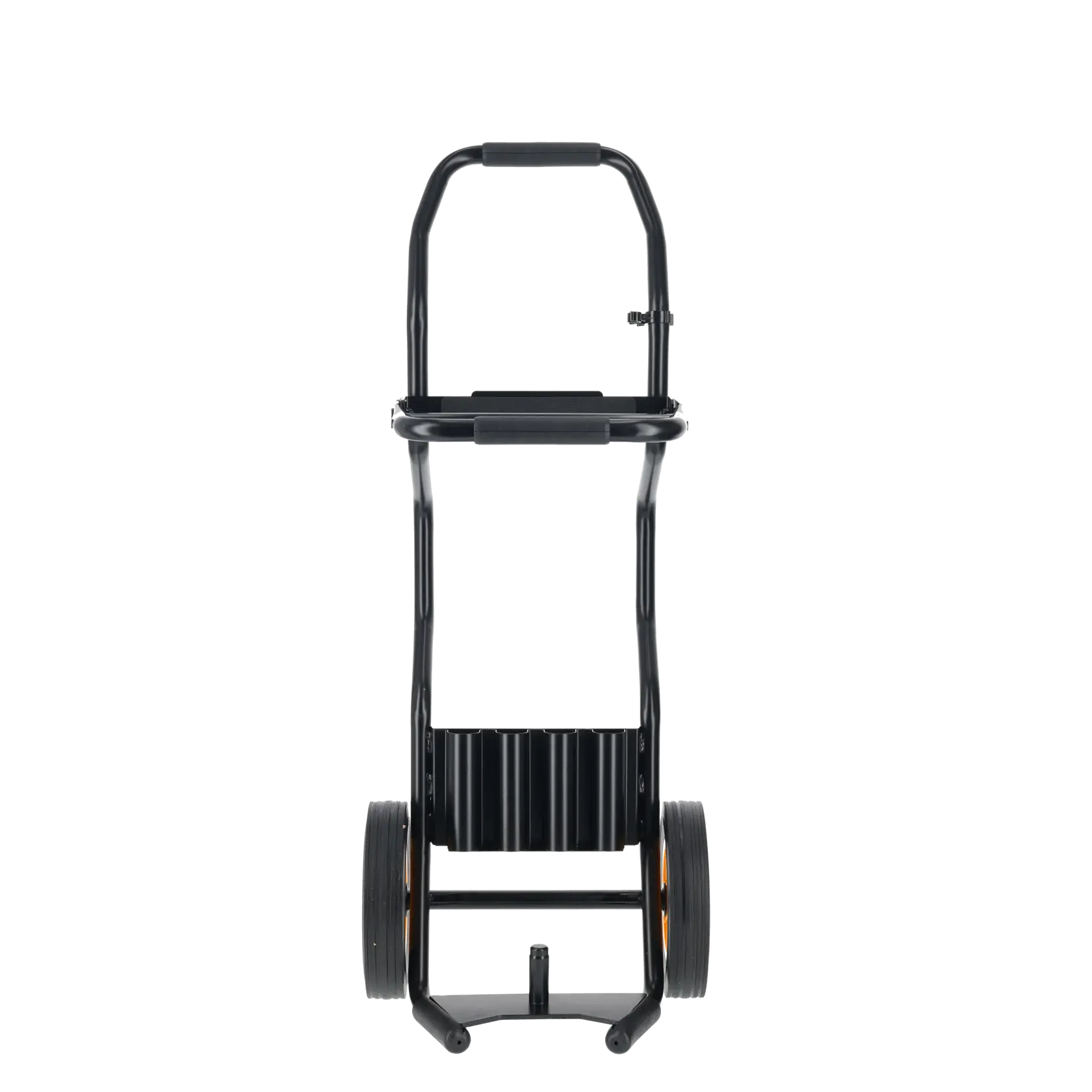Black DEWALT trolley with two large wheels and a sturdy frame, designed for transporting heavy tools.