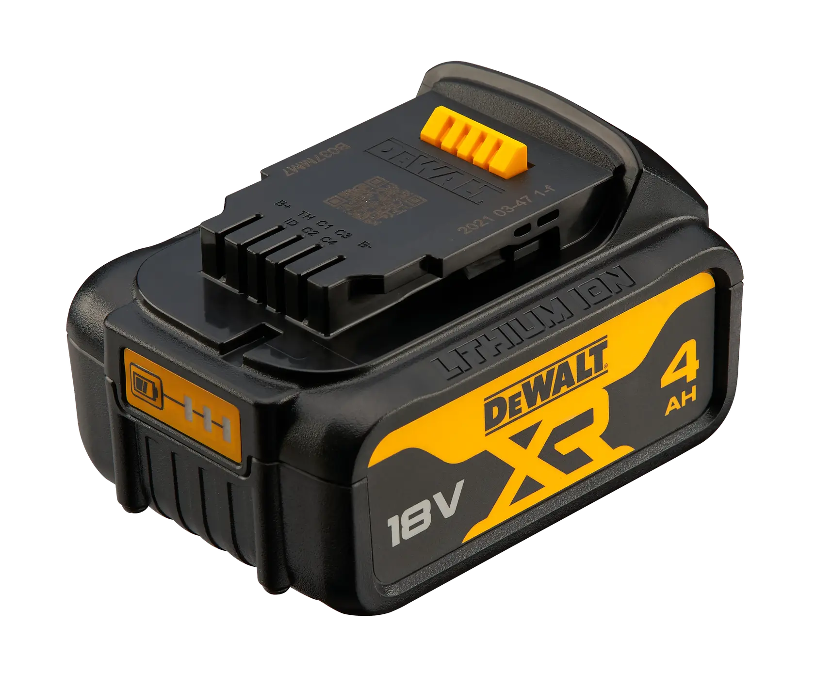 A DEWALT XR 18V 4Ah lithium-ion battery pack, primarily black with yellow accents, designed for power tools.