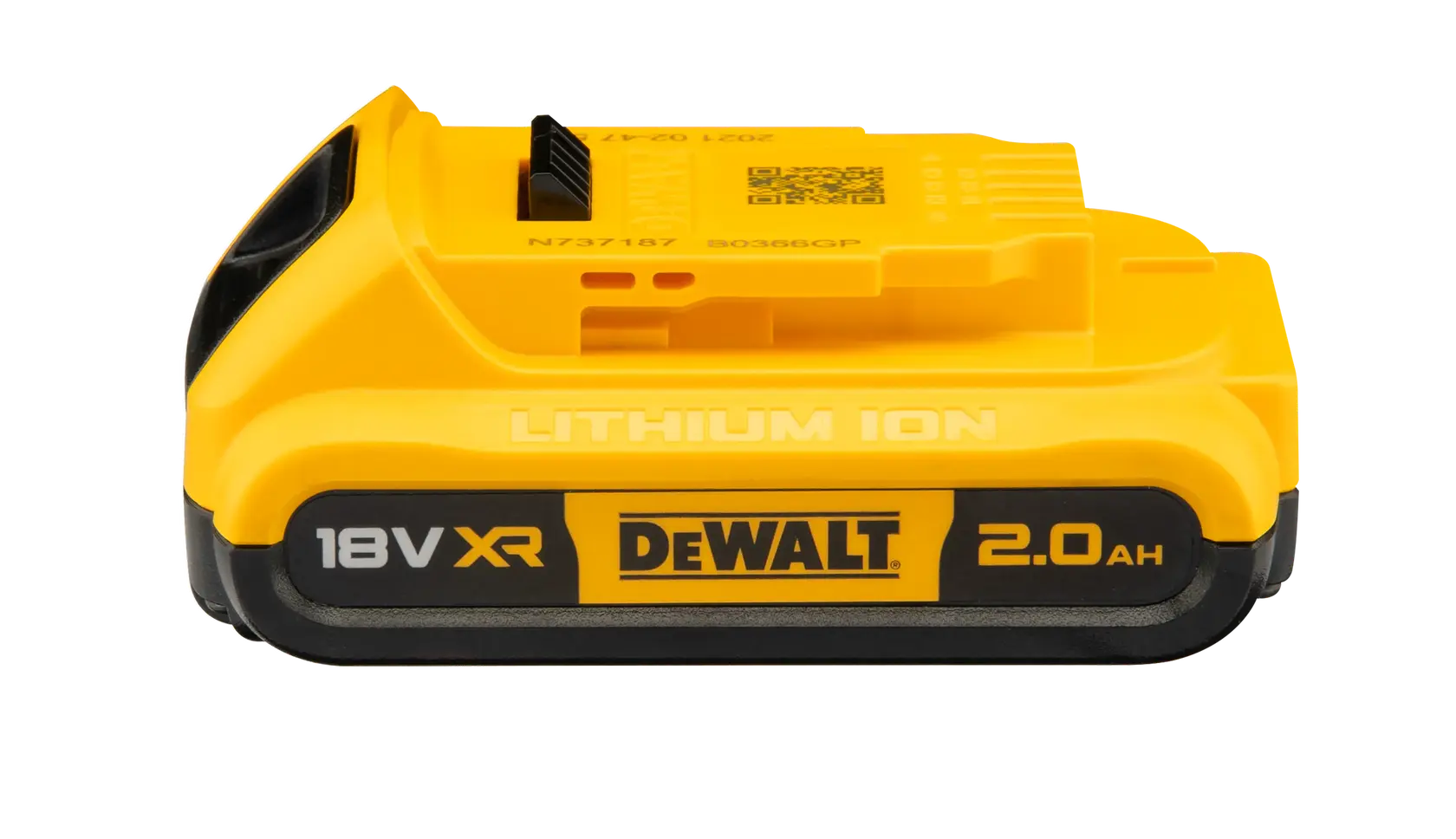 A DEWALT 18V XR lithium-ion battery pack with 2.0 Ah capacity. The battery is yellow and black and features the DEWALT branding on the side.