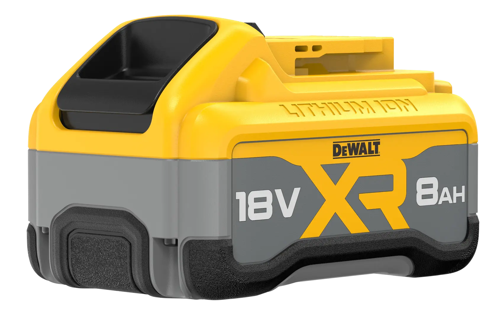 DEWALT XR 18V 8Ah lithium-ion battery, yellow and gray, compact design for power tools.