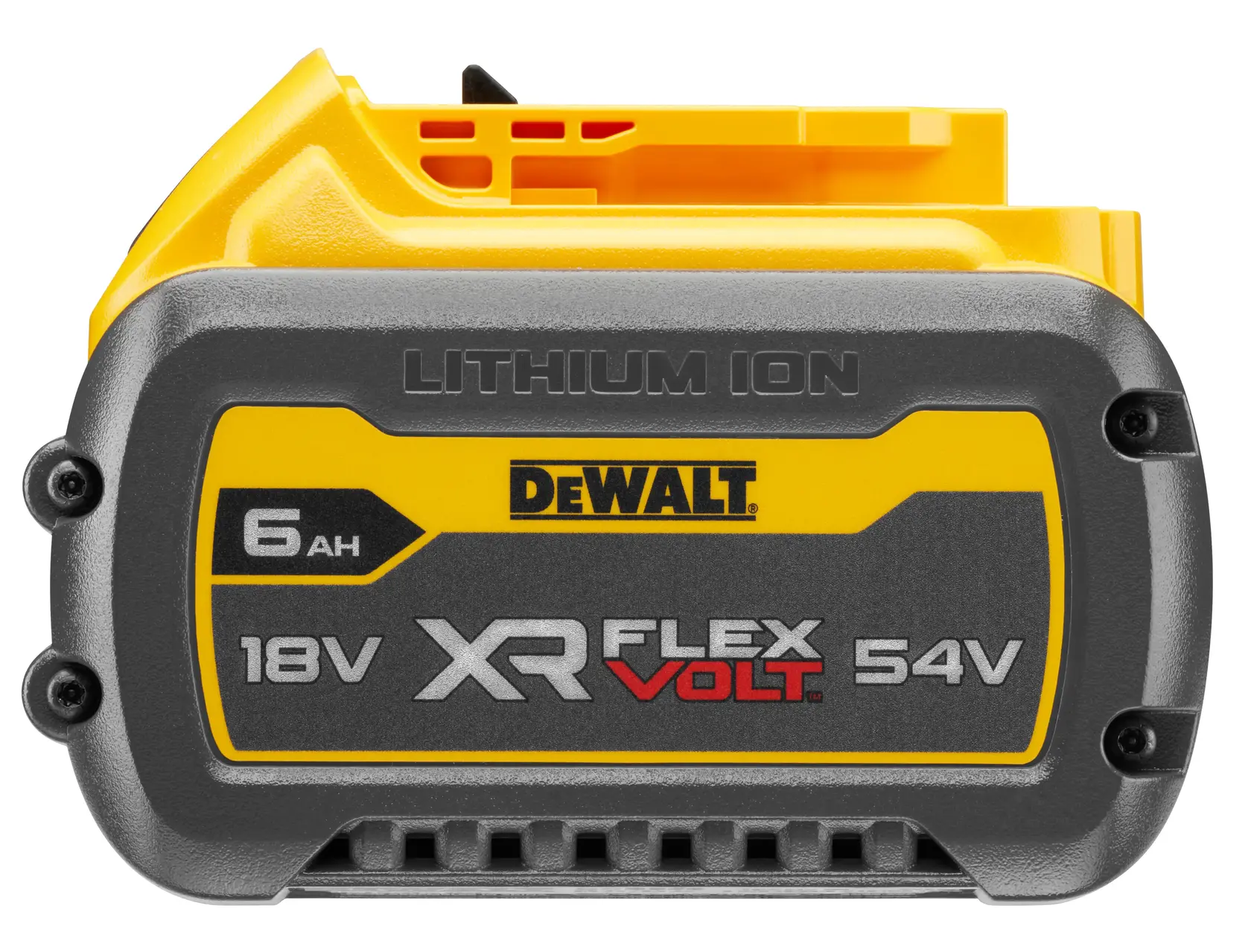Front view of a DEWALT XR FLEXVOLT Lithium Ion rechargeable battery, labeled with 6.0Ah, 18V, and 54V.