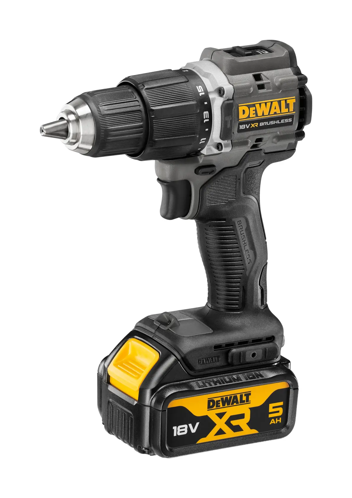 DEWALT 18V XR cordless drill with black and yellow design, brushless motor and 5Ah lithium battery.