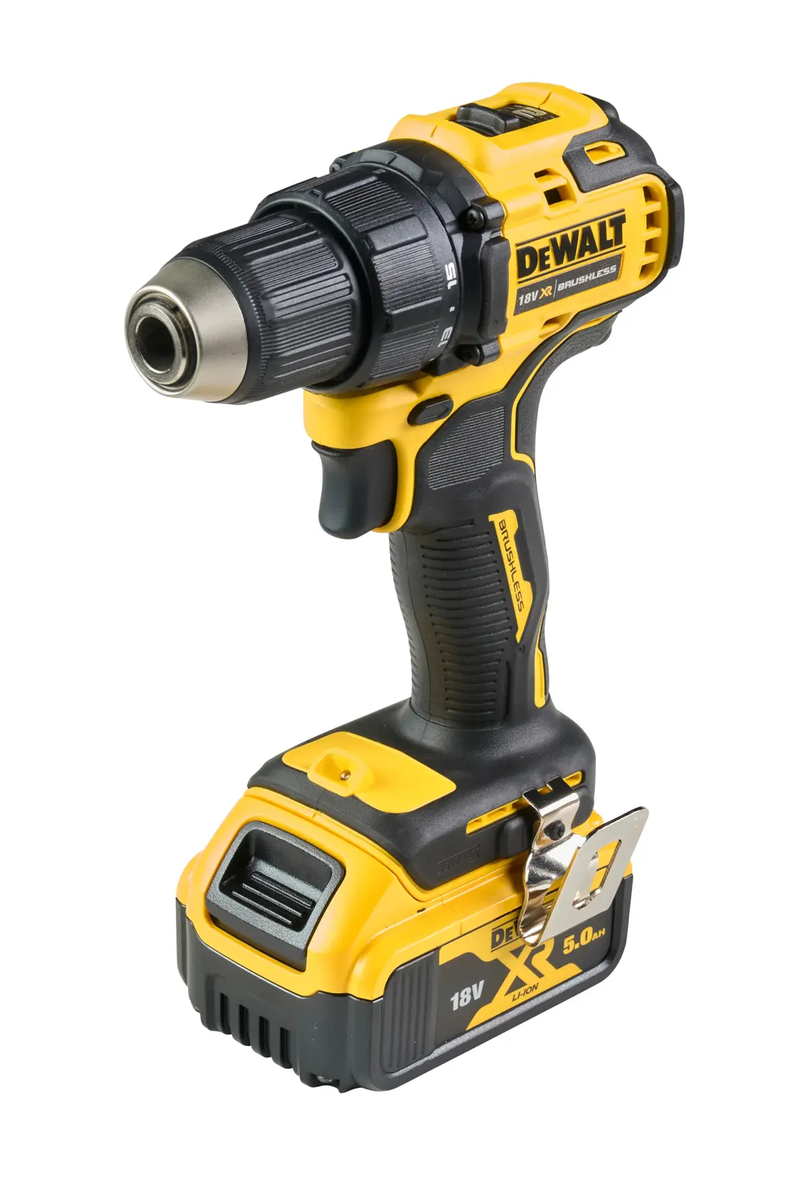 DEWALT DCD708 cordless drill, yellow and black, with 18V battery on a white background.