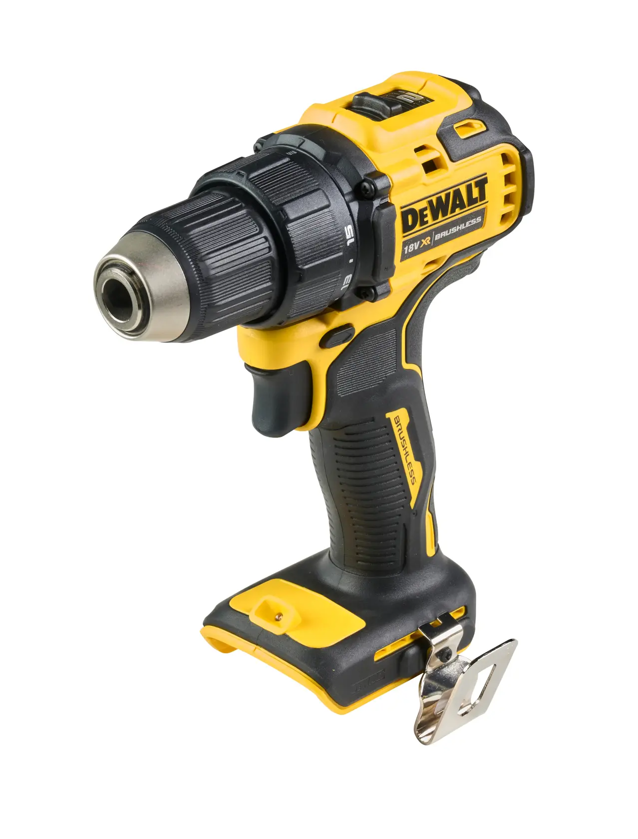 DEWALT DCD708 cordless drill, yellow and black, with metal belt clip, photographed on a white background.