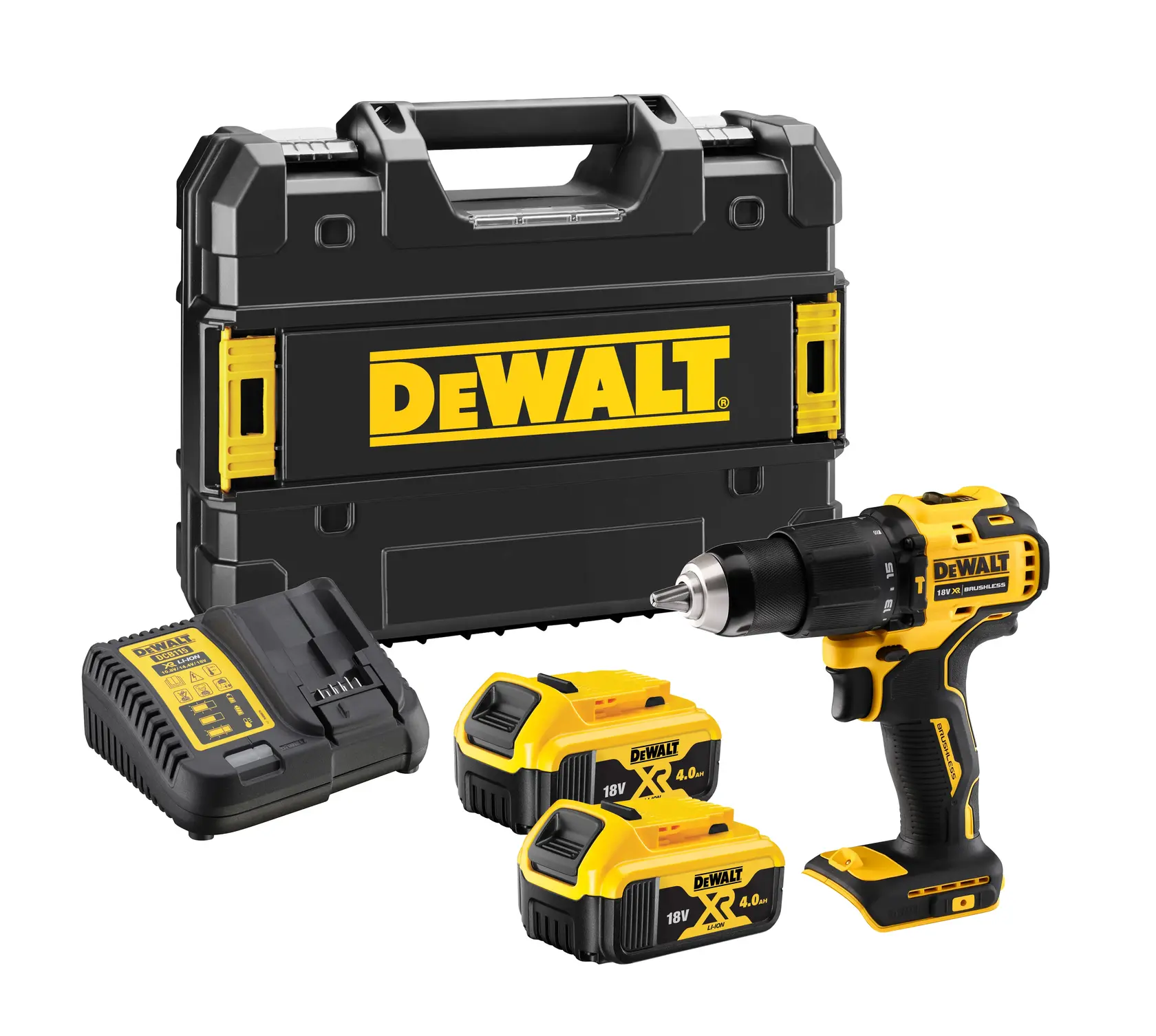 DEWALT cordless drill set including a black and yellow drill, two 18V 4.0Ah batteries, a battery charger, and a hard carrying case with a large DEWALT logo.
