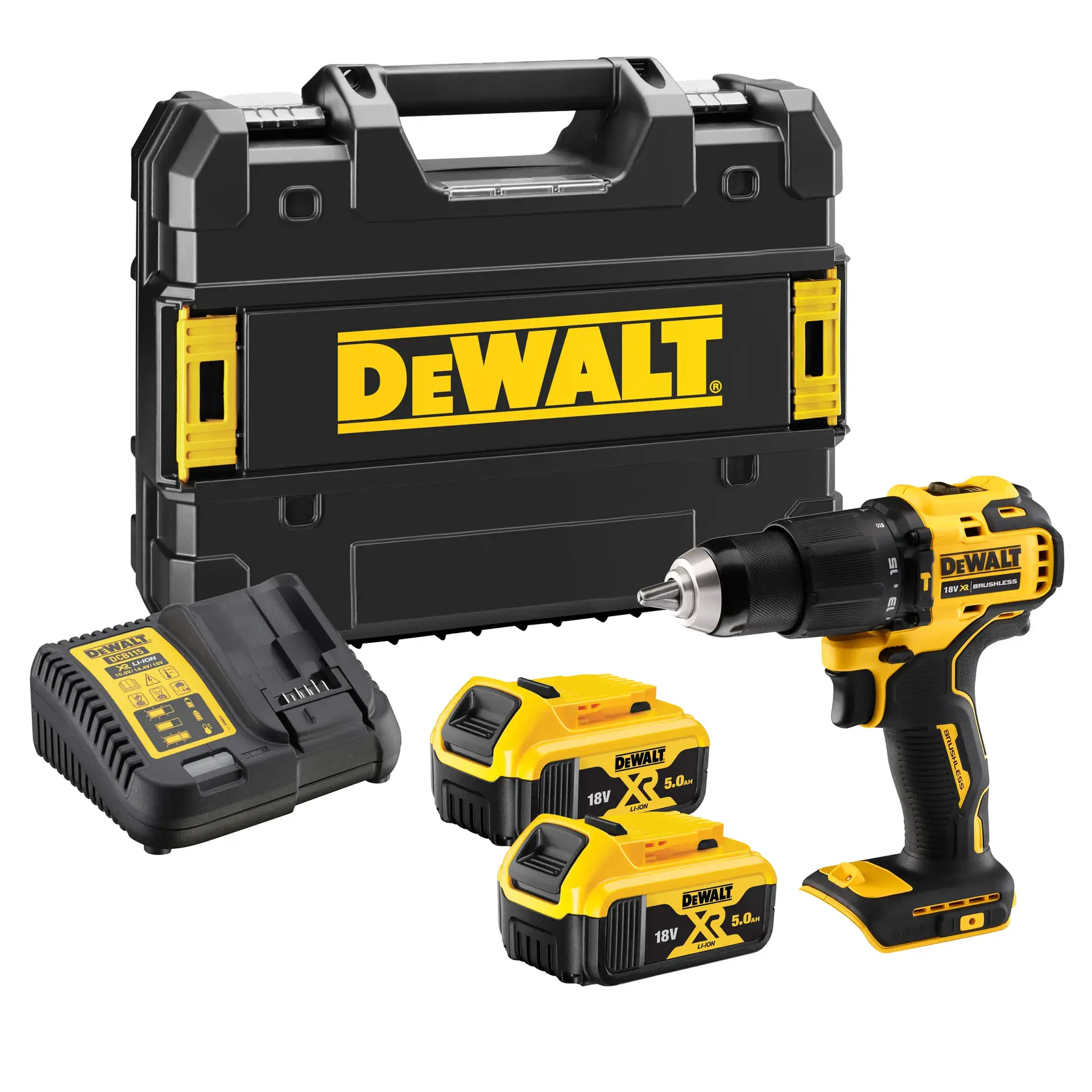 DEWALT drill kit includes drill, charger, two 18V batteries, and a black carrying case with yellow branding.