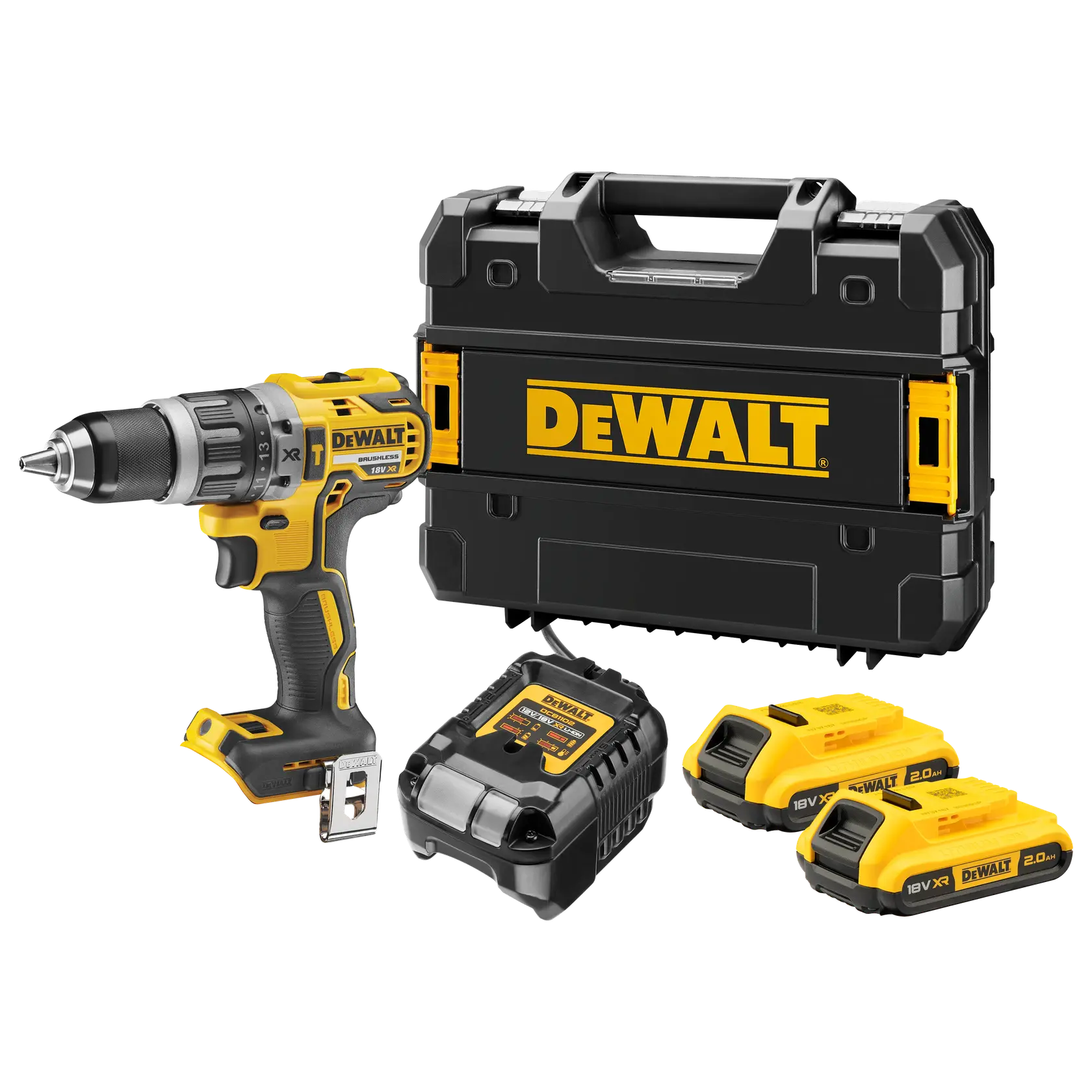 DEWALT cordless drill set including a yellow and black 18V brushless drill, battery charger, two batteries, and a hard carrying case.
