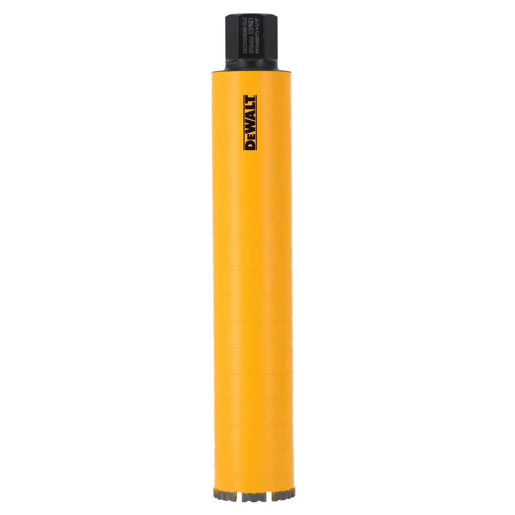 DEWALT yellow cylindrical core drill bit for heavy-duty drilling, shown upright against a white background.