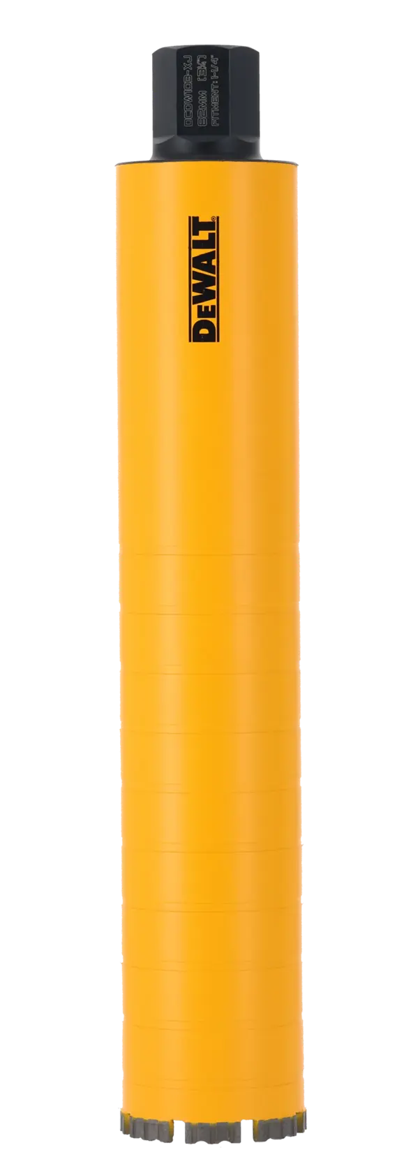 Yellow DEWALT cylindrical drill bit for heavy-duty drilling, shown upright against a white background.
