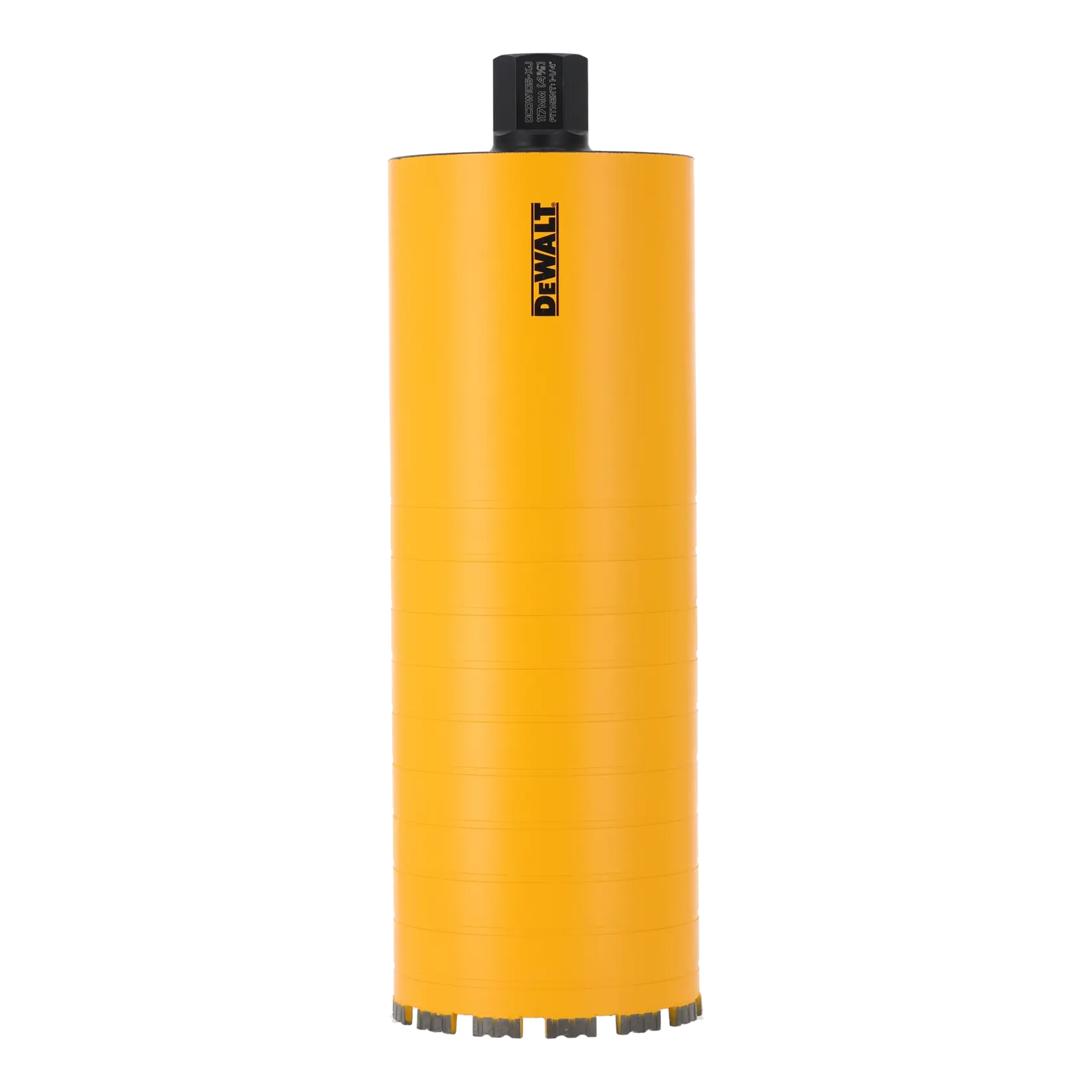 Yellow DEWALT core drill bit with black connector, upright against white background.