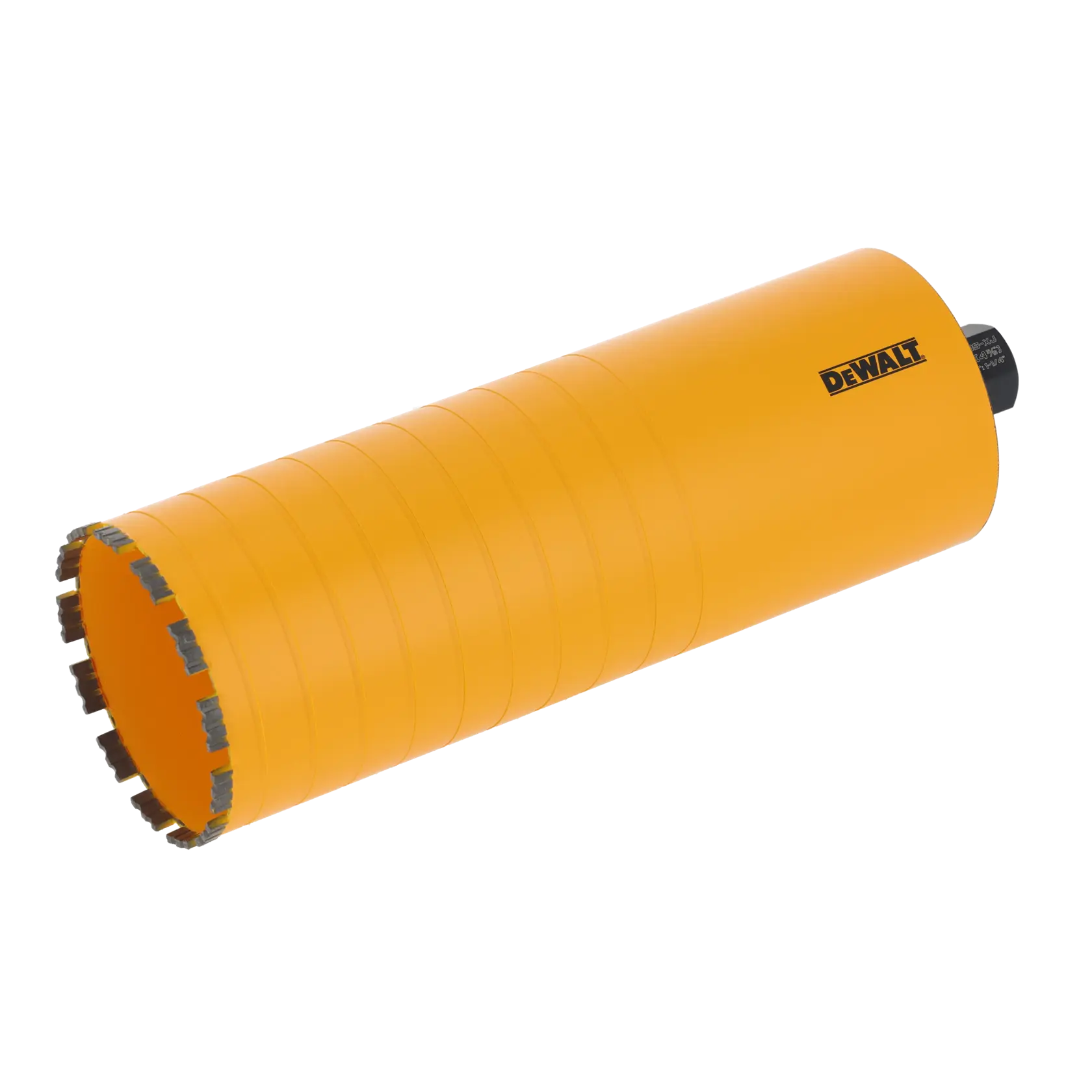 Yellow DEWALT core drill bit with segmented cutting edge, designed for concrete drilling applications.