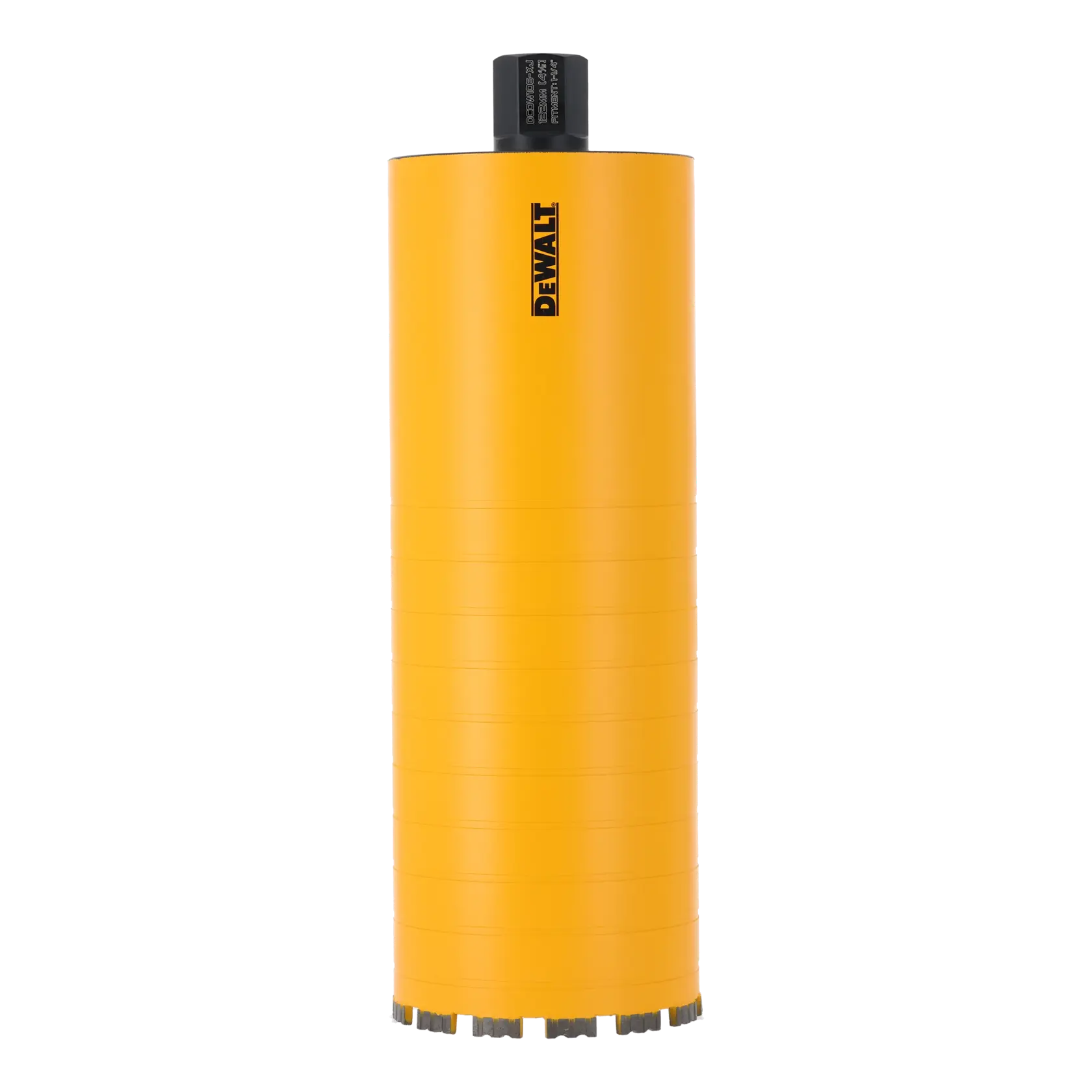 DEWALT yellow cylindrical diamond core bit for drilling, shown upright against a white background.