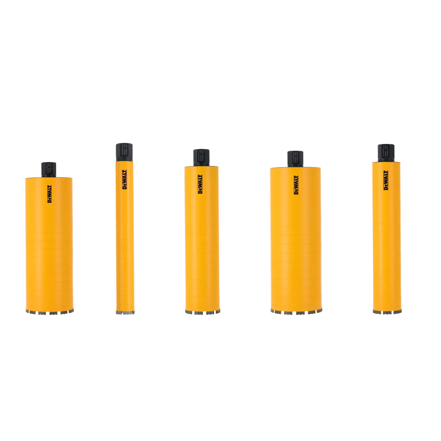 Five DEWALT yellow cylindrical drill bits with black tops are displayed upright on a white background.