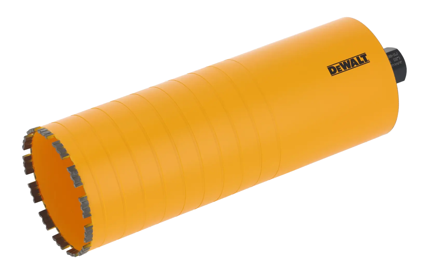 Yellow DEWALT diamond core drill bit with segmented cutting edge for masonry and concrete.