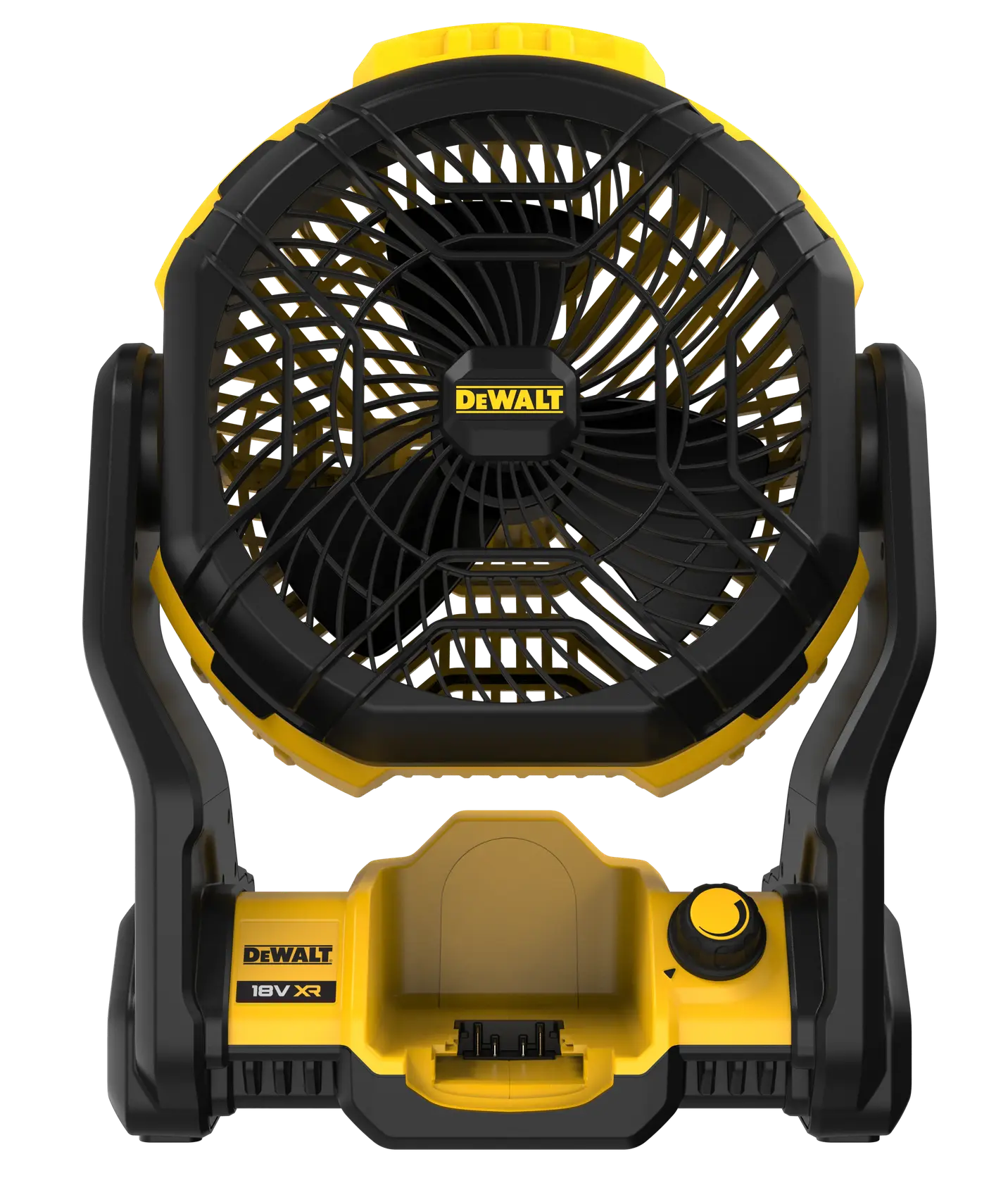 DEWALT portable fan for photography, model DCE512N, DCE512N-XJ. Black and yellow design.
