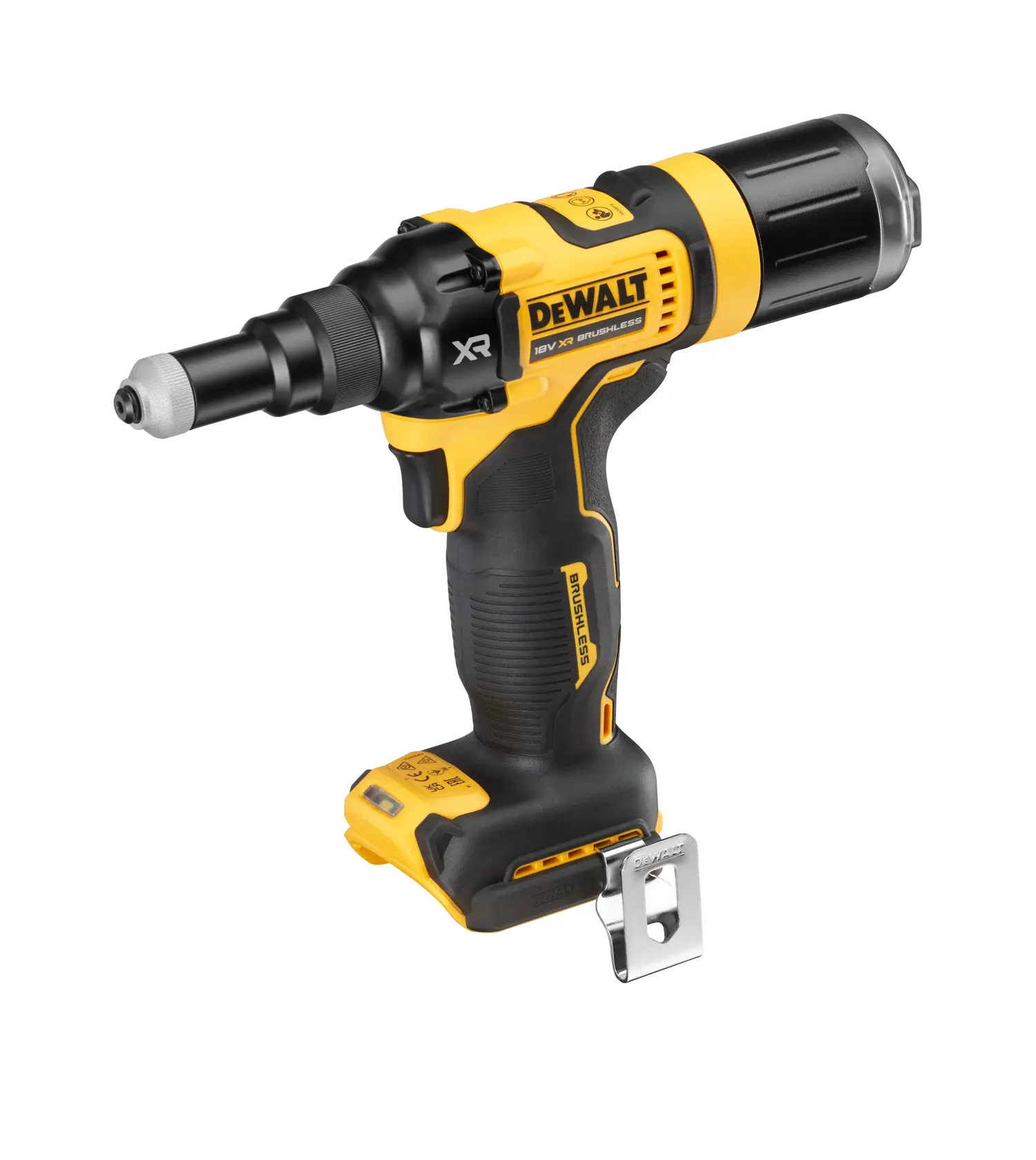 DEWALT cordless brushless screwdriver with ergonomic grip and metal clip, shown without battery.