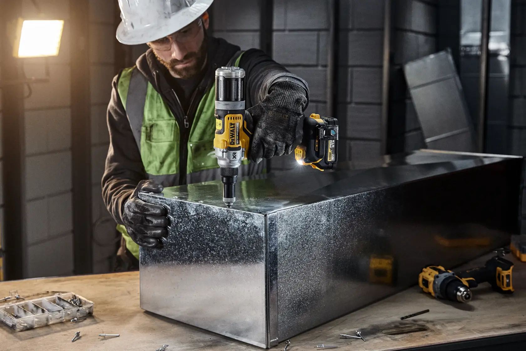 A person wearing safety gear uses a DEWALT DCF414E2GT power tool to drill into a large metal box in an industrial environment. Other DEWALT tools and screws are visible on the workbench.