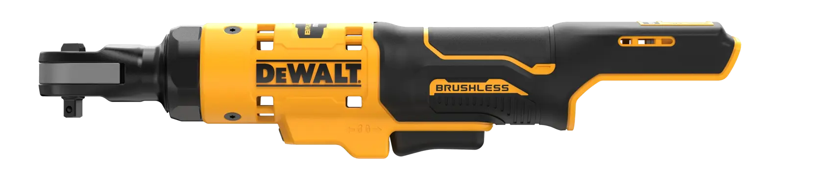 DEWALT cordless brushless ratchet tool with ergonomic black and yellow design, shown on white background.