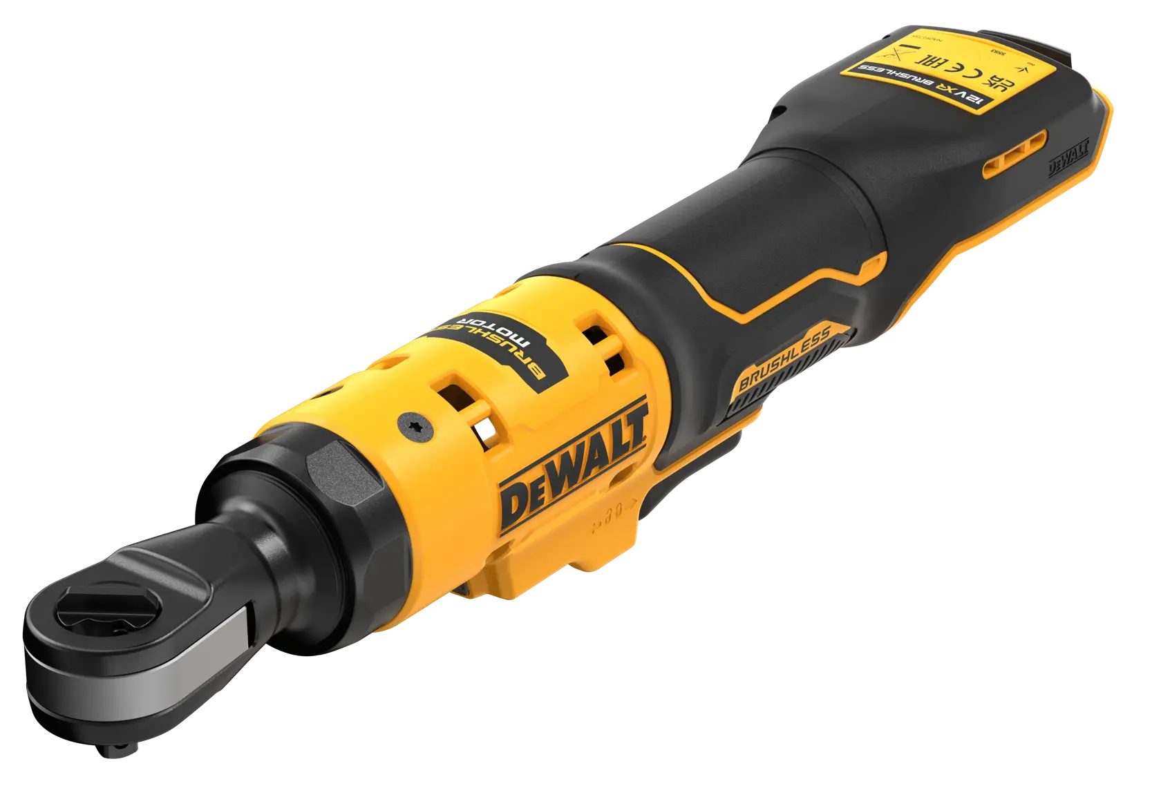 DEWALT cordless ratchet tool DCF503N with brushless motor, shown in yellow and black.