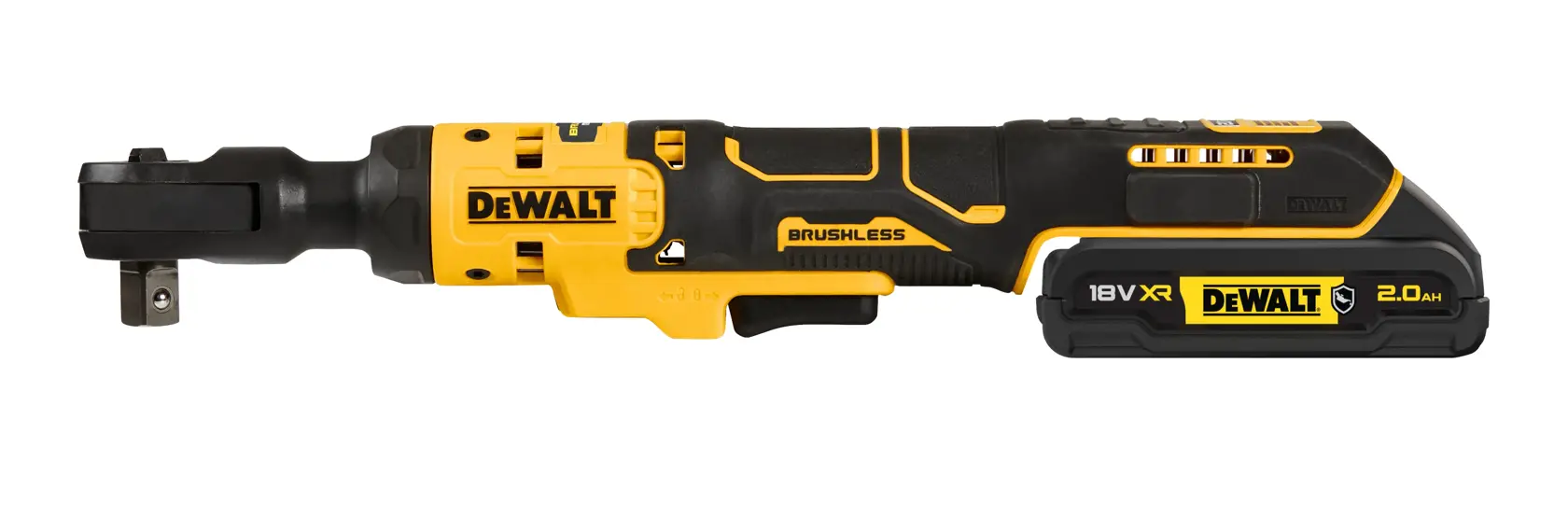 A DEWALT 18V XR cordless ratchet tool with a brushless motor. The tool is predominantly yellow and black, with a DEWALT logo, and a 2.0Ah battery attached.