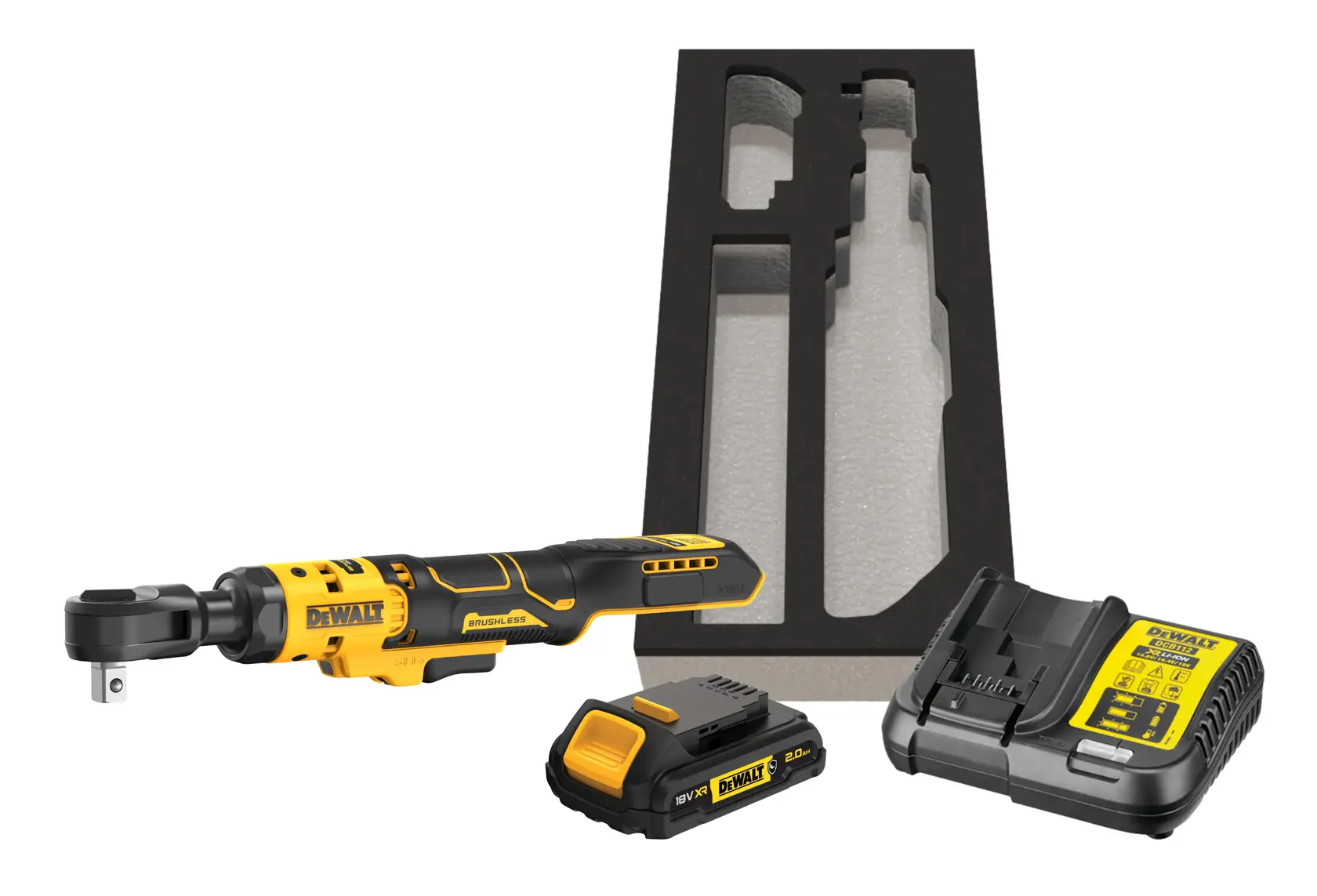A DEWALT cordless ratchet tool kit, including a brushless ratchet wrench, a lithium-ion battery, a battery charger, and a black foam insert for organized storage.