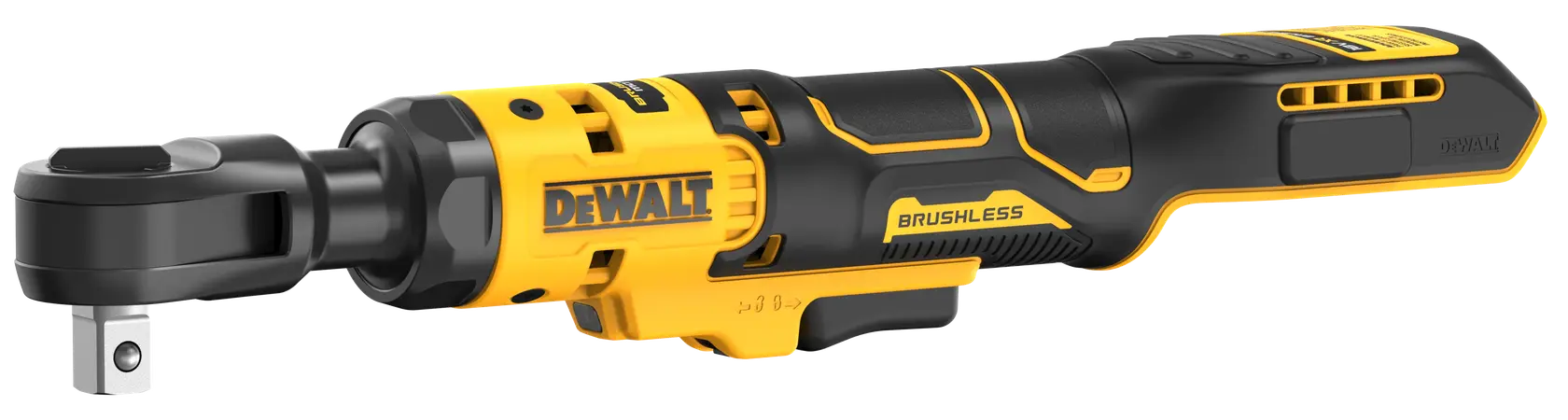 DEWALT cordless brushless ratchet tool with a black and yellow design, showing a side profile view.