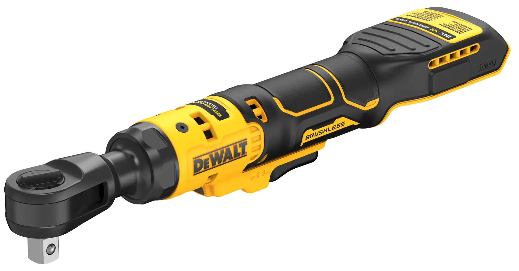 A DEWALT DCF512N cordless brushless ratchet tool with a yellow and black body, featuring ergonomic grip and trigger, designed for fastening and loosening tasks.