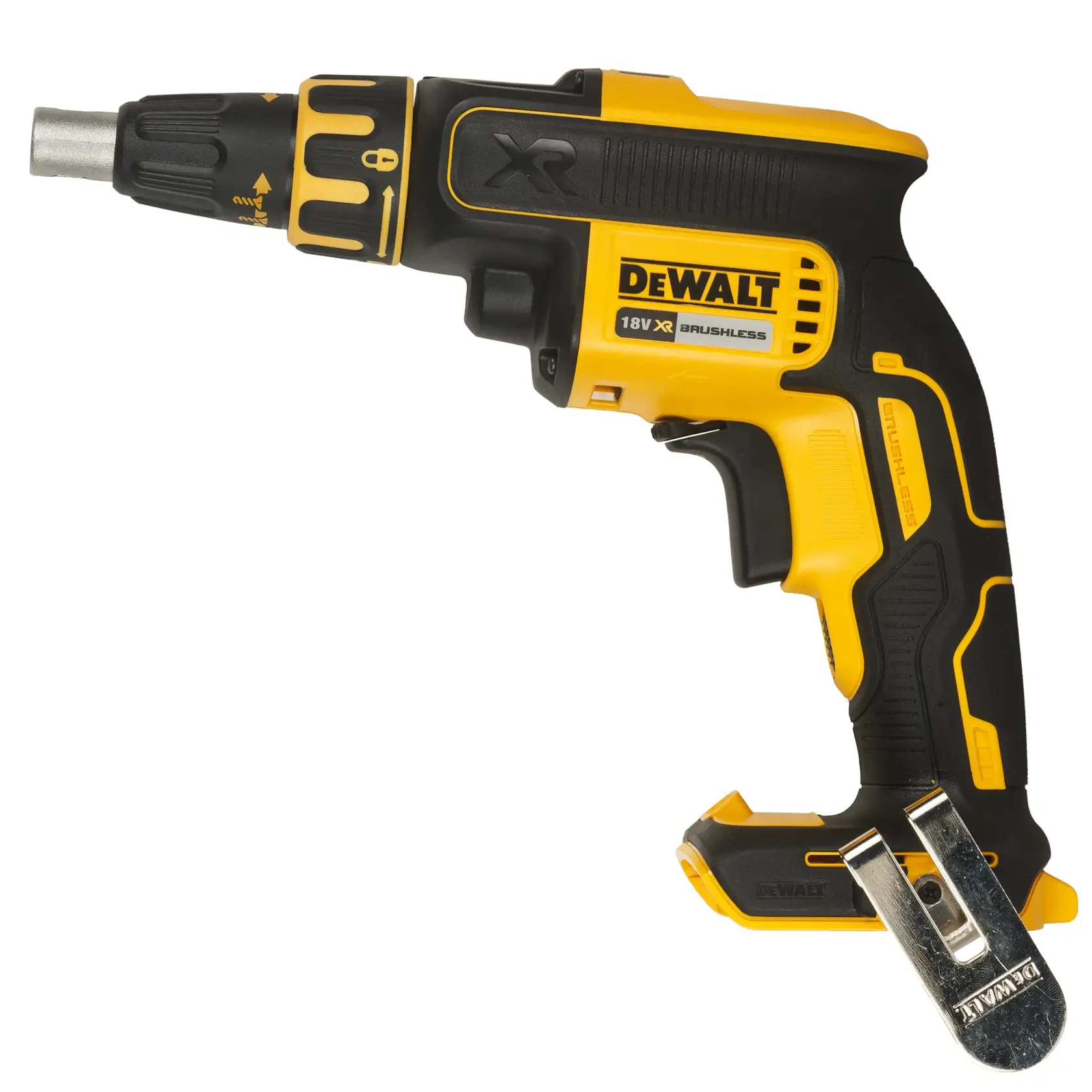 Photo of DEWALT DCF620NT-XJ 18V XR brushless drywall screwdriver, black and yellow, side angle, white background.