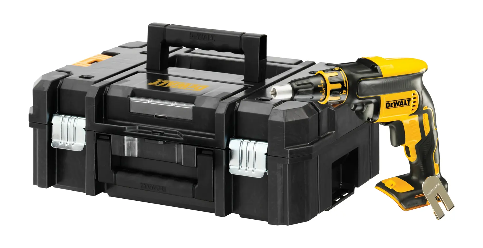 DEWALT DCF620NT cordless screwdriver with black tool case and yellow details, shown against a white background.