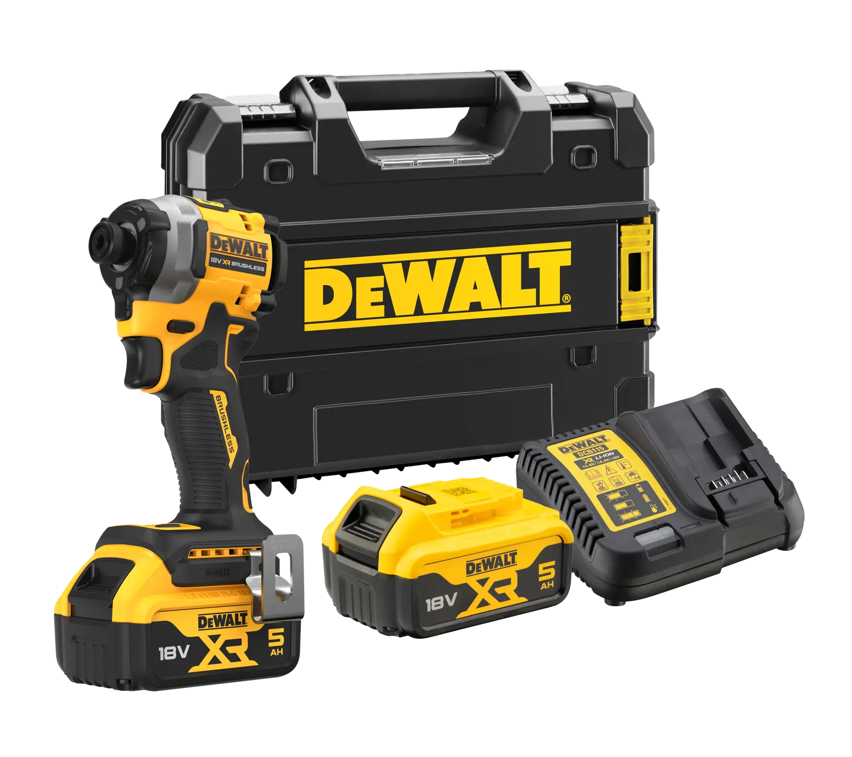 DEWALT 18V XR impact driver kit with two batteries, charger, and carrying case.
