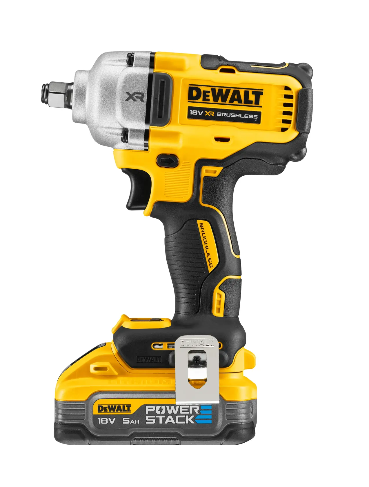 A DEWALT DCF891H2T 18V XR brushless cordless impact wrench with Power Stack 5Ah battery, shown upright on a white background.