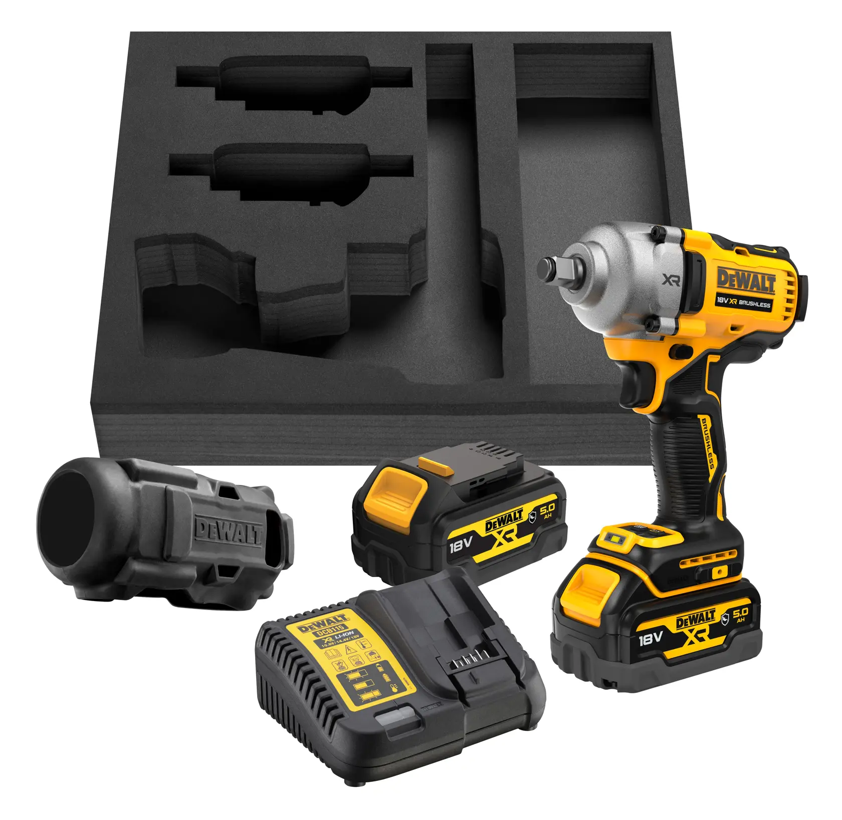 DEWALT cordless impact wrench kit with two batteries, charger, black cover, and foam tray.