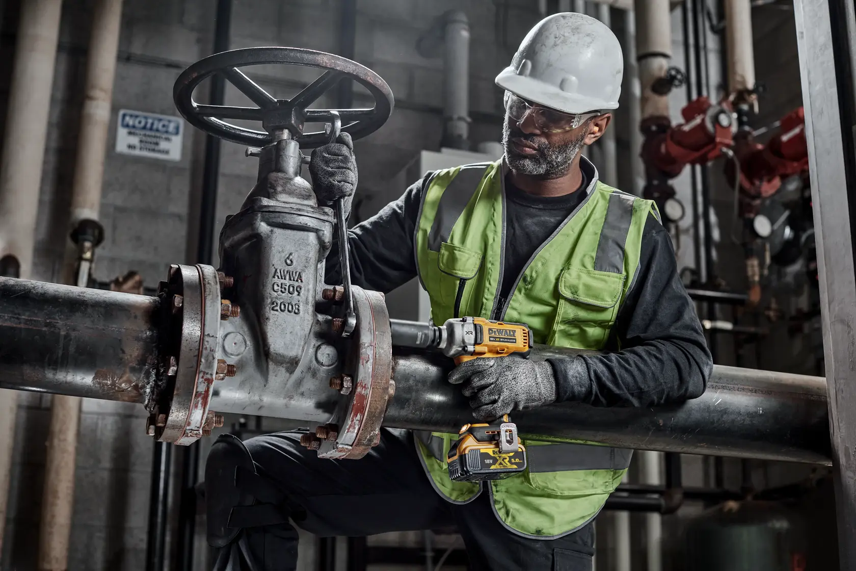 Worker uses DEWALT DCF891P2T impact wrench on industrial pipe, wearing safety gear in a factory setting.