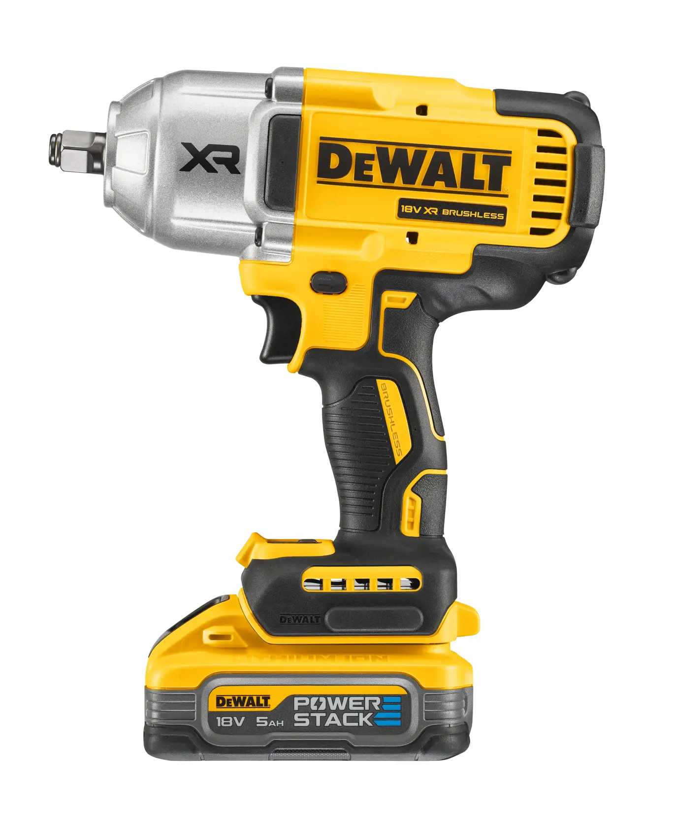 A DEWALT 18V XR cordless impact wrench with brushless motor and POWERSTACK 5Ah battery, shown in yellow and black with silver metallic front.
