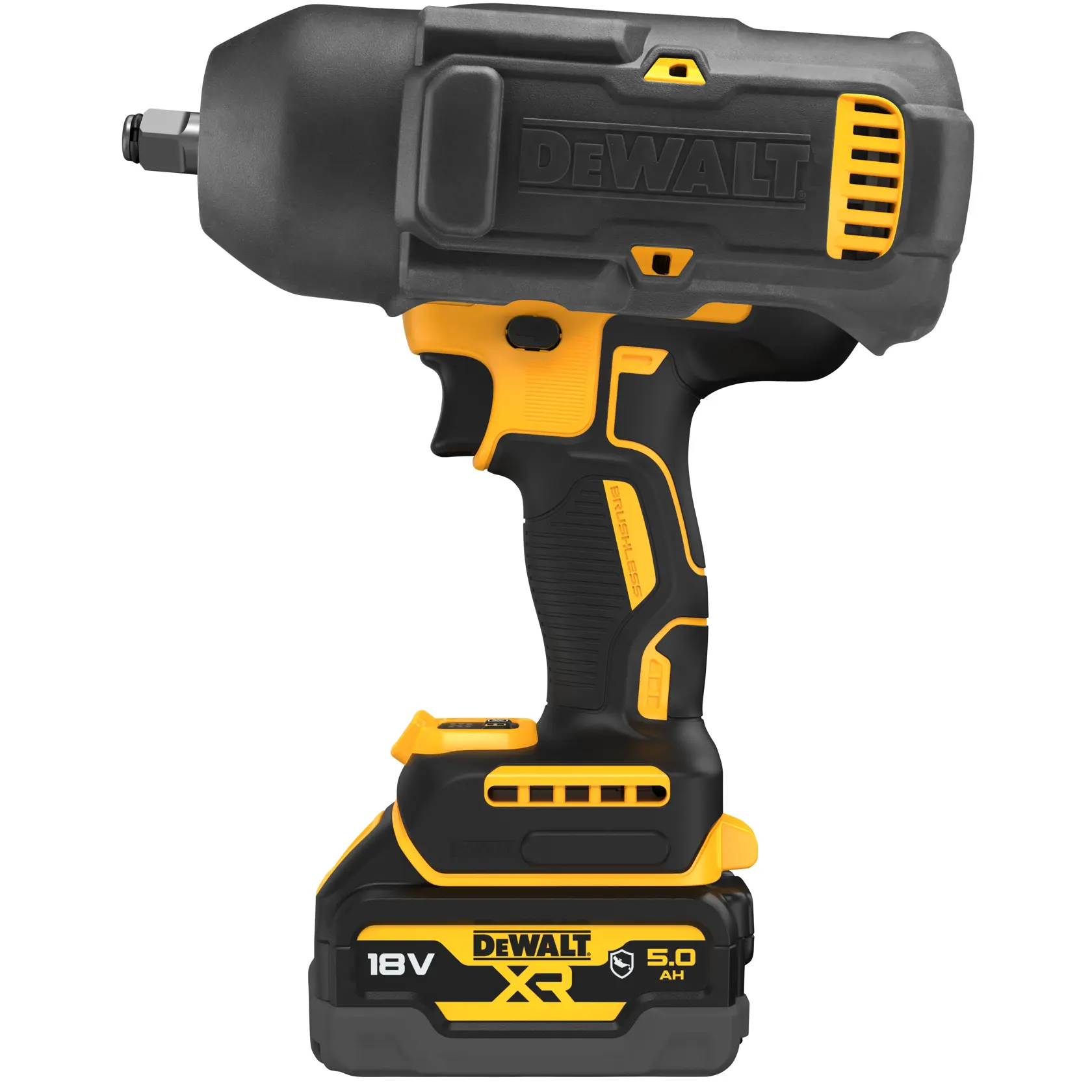 DEWALT 18V XR cordless impact wrench with 5.0Ah battery, black and yellow design, side view.