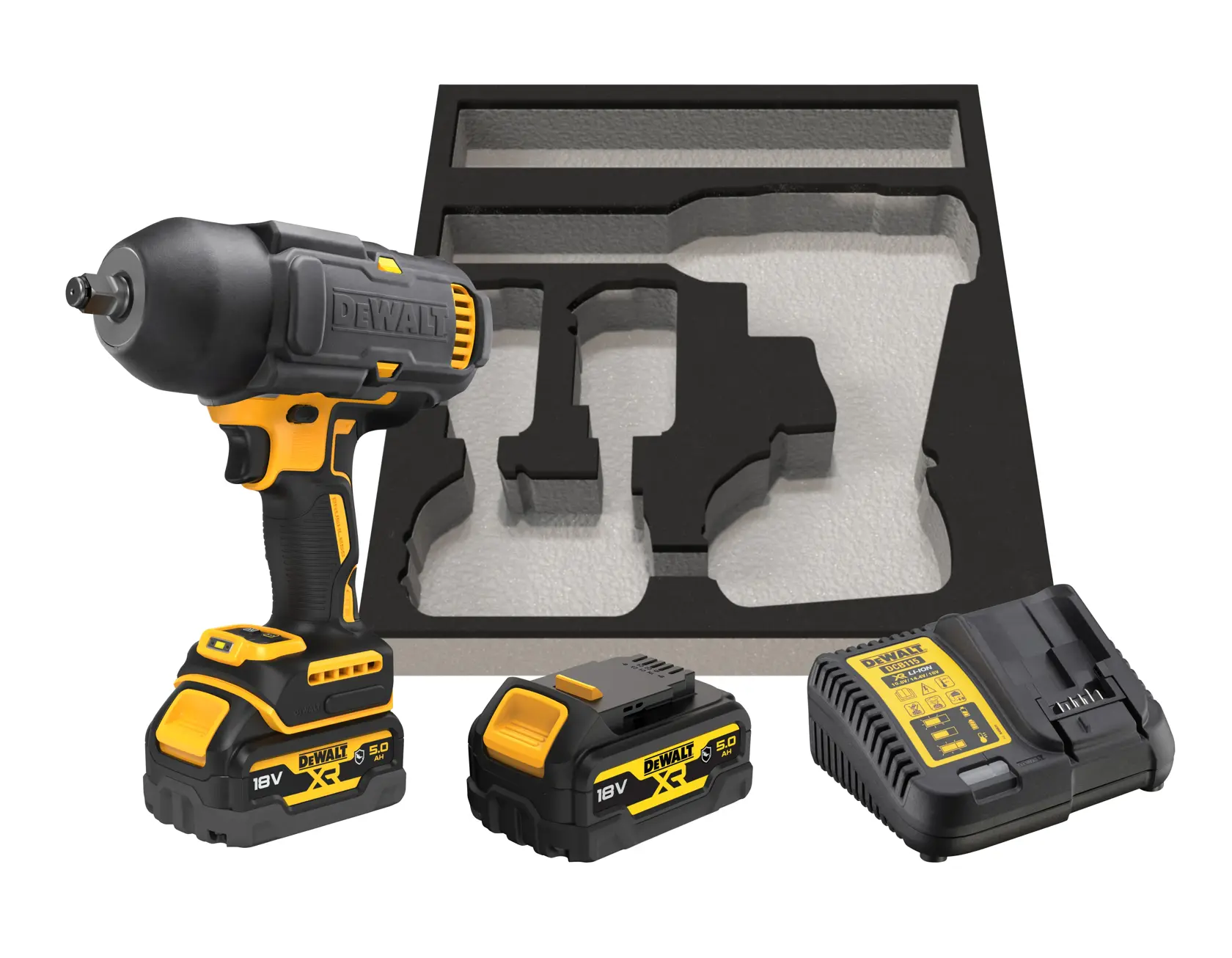 DEWALT impact wrench kit with two batteries, charger, and foam insert for organized storage.
