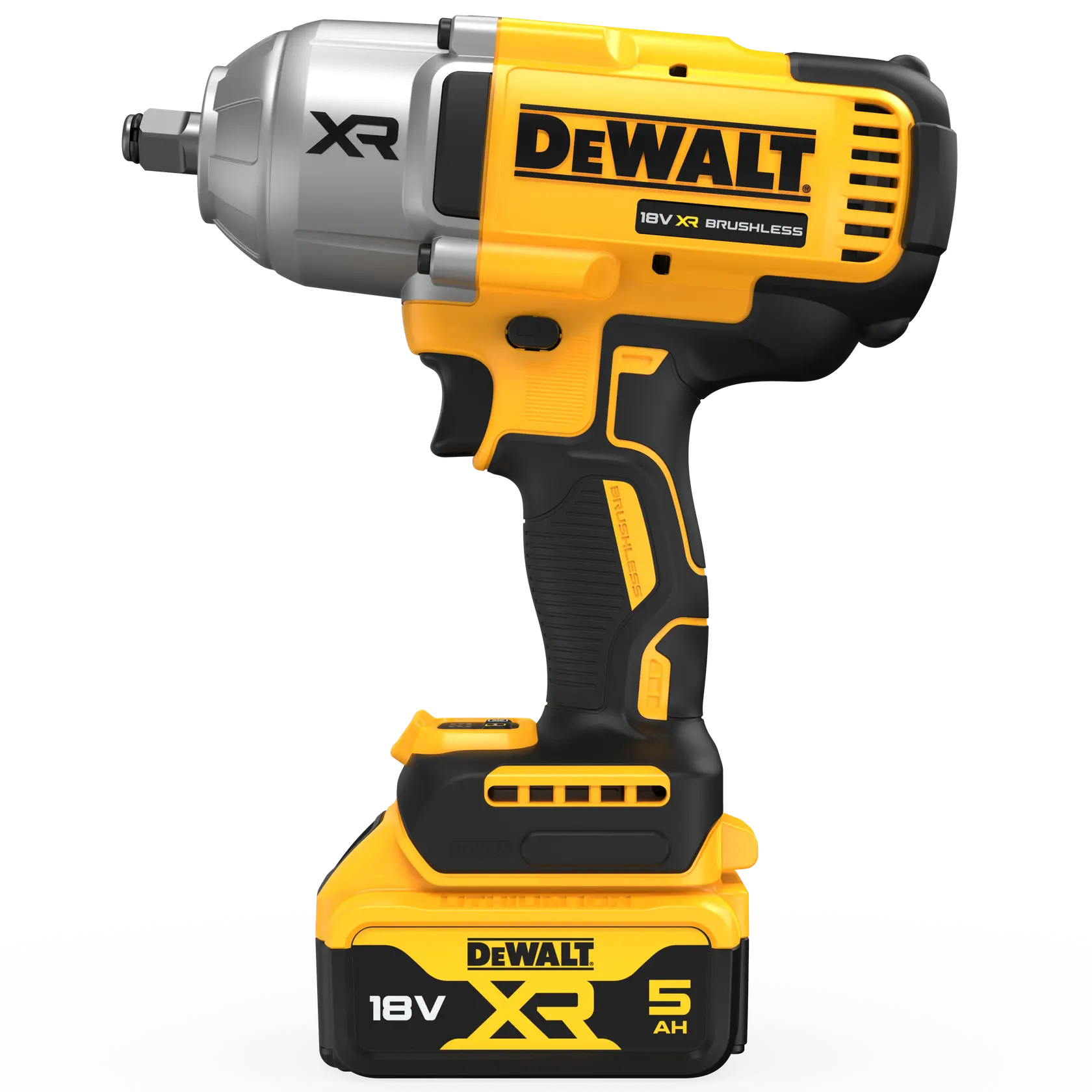 DEWALT 18V XR brushless impact wrench with 5Ah battery, yellow and black, side view on white.