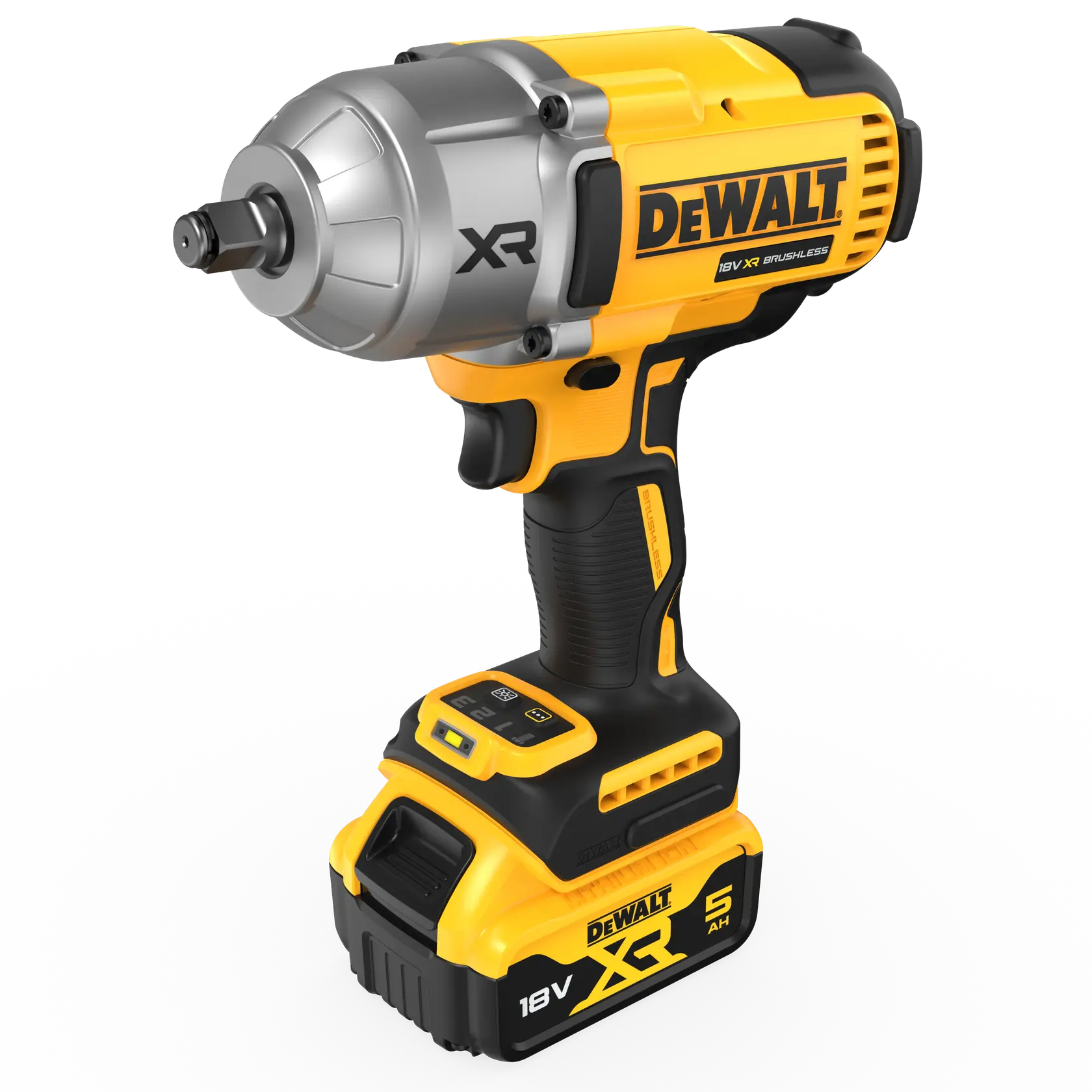 DEWALT 18V XR Brushless impact wrench with 5Ah battery pack, shown on a white background.