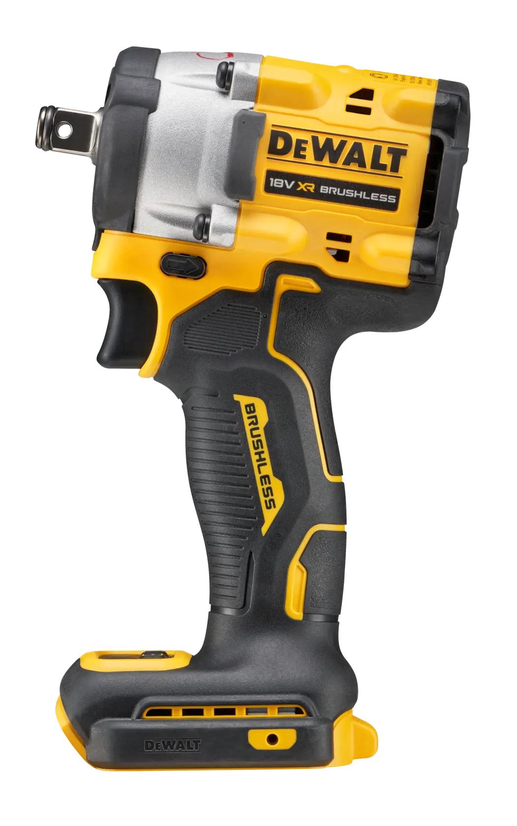A DEWALT 18V XR brushless cordless impact wrench, shown without battery pack, featuring a yellow and black design.