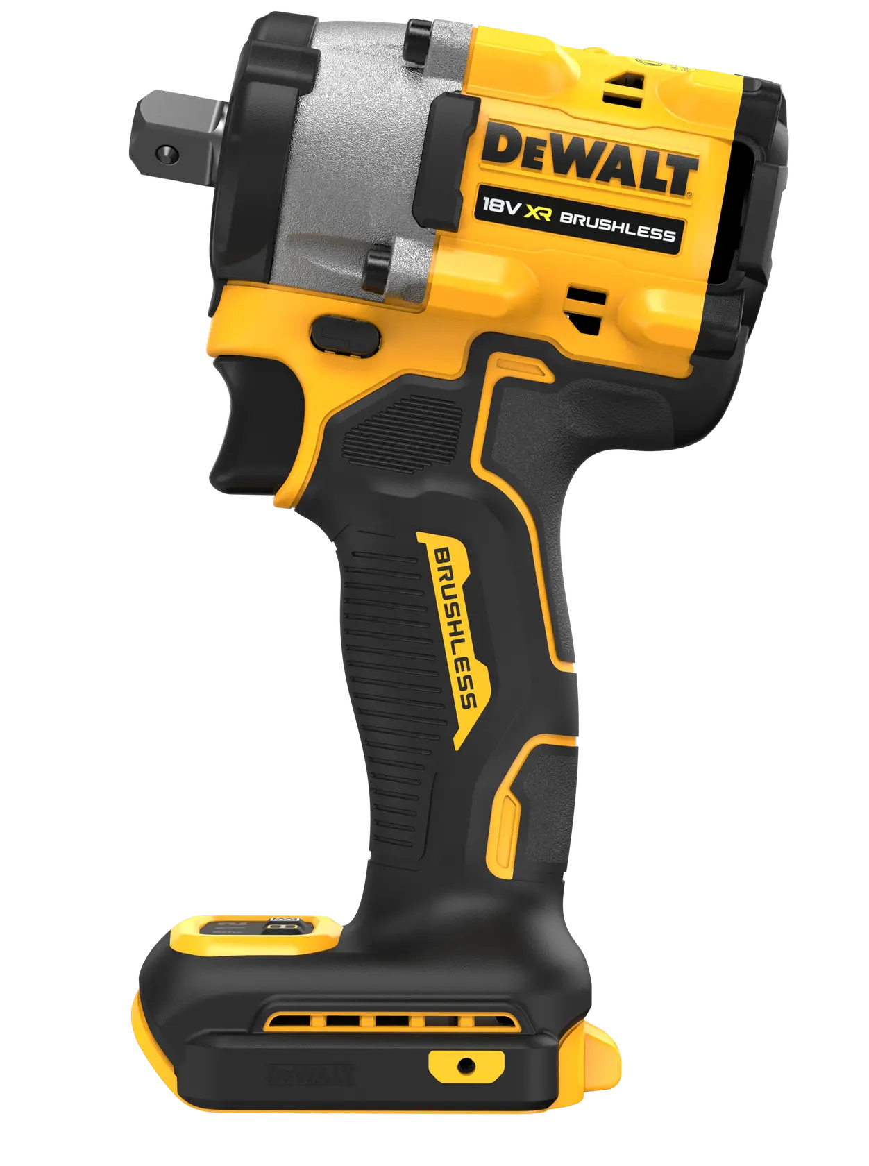 A DEWALT 18V XR Brushless impact wrench, model DCF922N, shown in a side view. The power tool is yellow and black with a compact and ergonomic design, featuring a visible square drive and labeled 'BRUSHLESS'.
