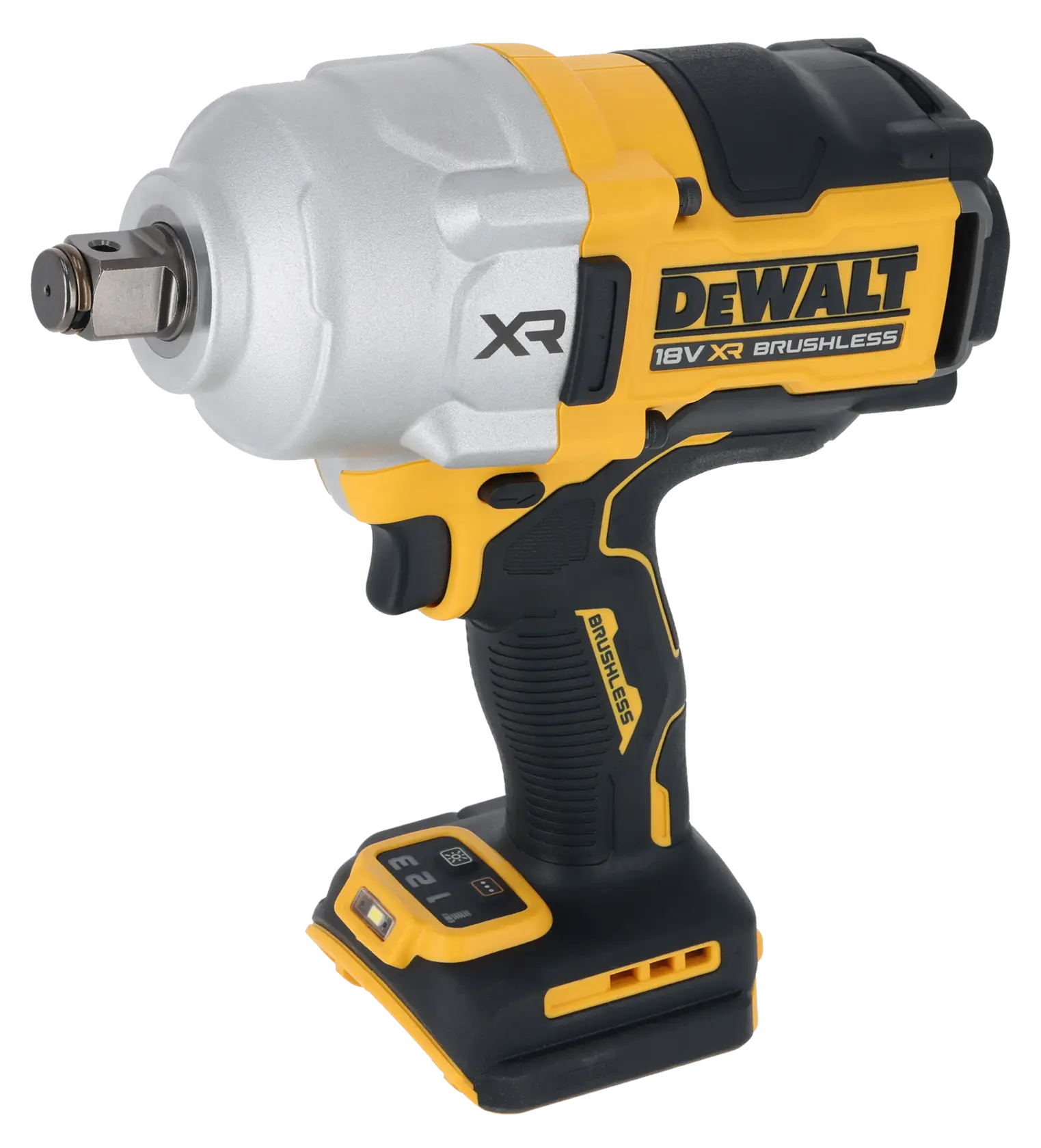 DEWALT 18V XR brushless cordless impact wrench, yellow and black, side view, no battery attached.