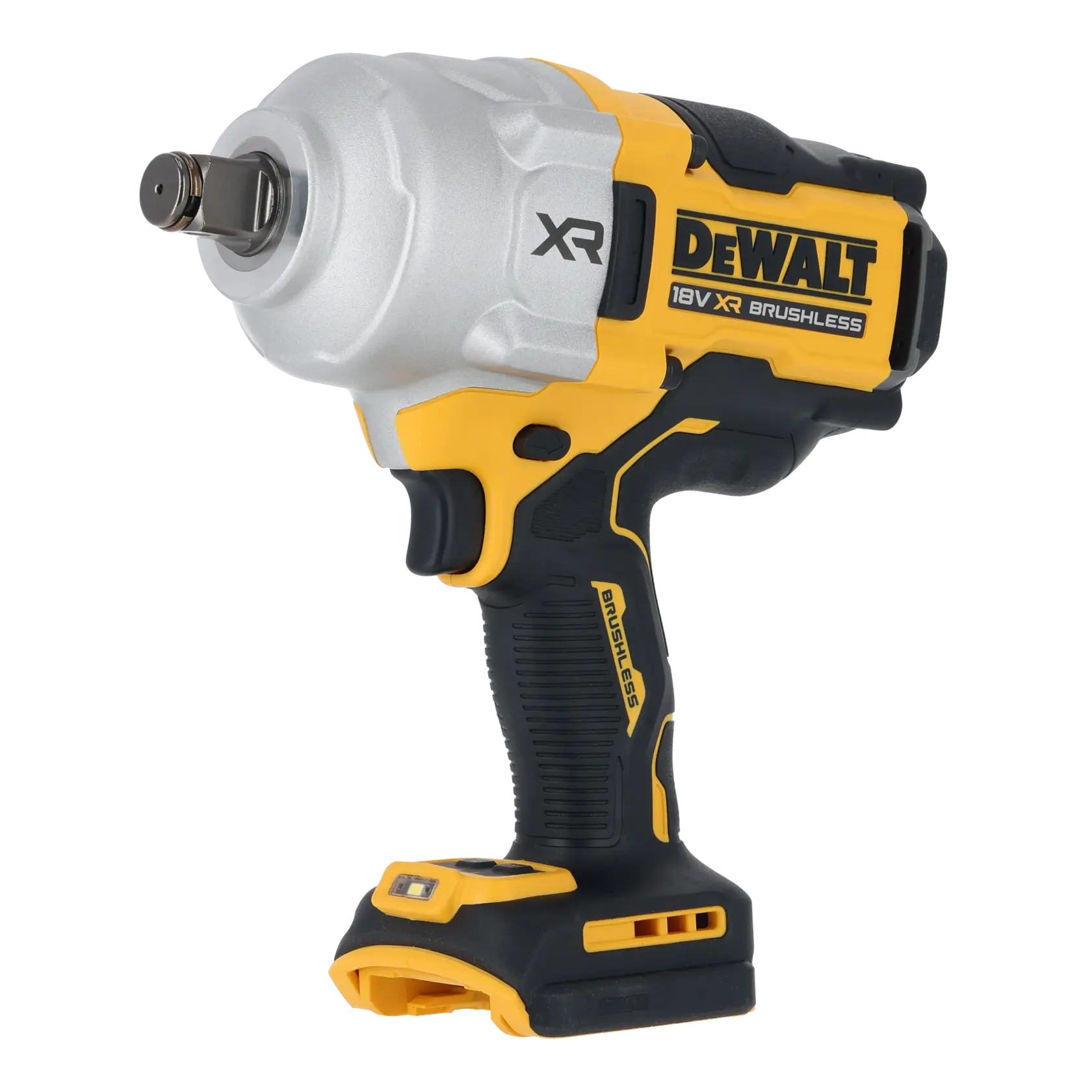 DEWALT 18V XR Brushless impact wrench in yellow and black, with ergonomic handle and metal head.