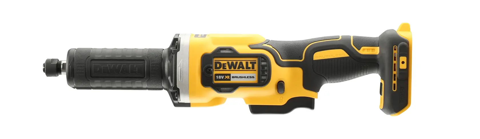 DEWALT cordless die grinder with yellow and black body, side profile on white background.