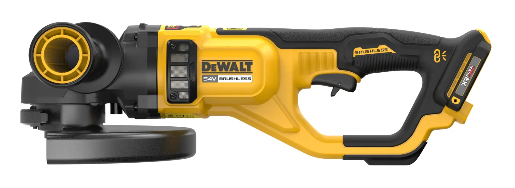 DEWALT 54V cordless brushless angle grinder, yellow and black, shown from the side.