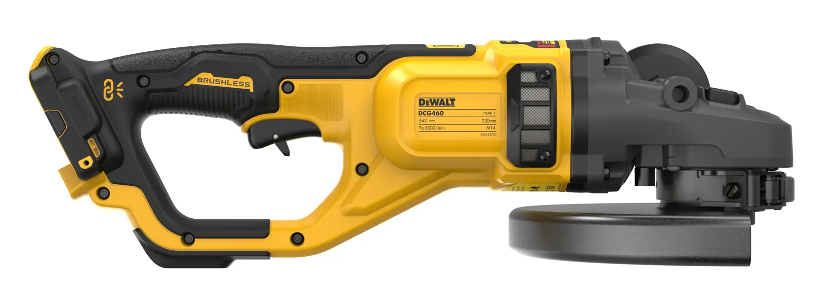 DEWALT DCG460N cordless angle grinder in yellow and black, shown from the side on a white background.