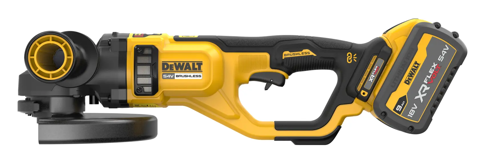 DEWALT cordless angle grinder tool, yellow and black, with 54V XR FlexVolt battery visible on handle.