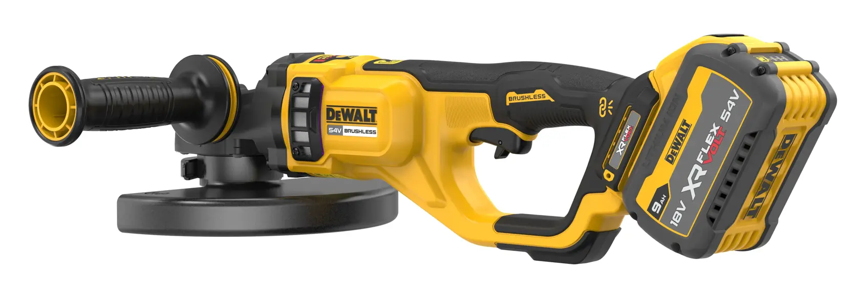DEWALT cordless brushless grinder with a side handle and battery pack, shown on a white background.